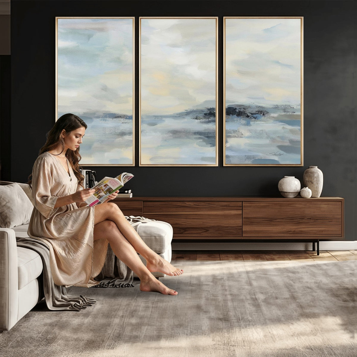 Abstract Coastal Landscape Wall Art Canvas Print | Soft Blue Gray Minimalist Art