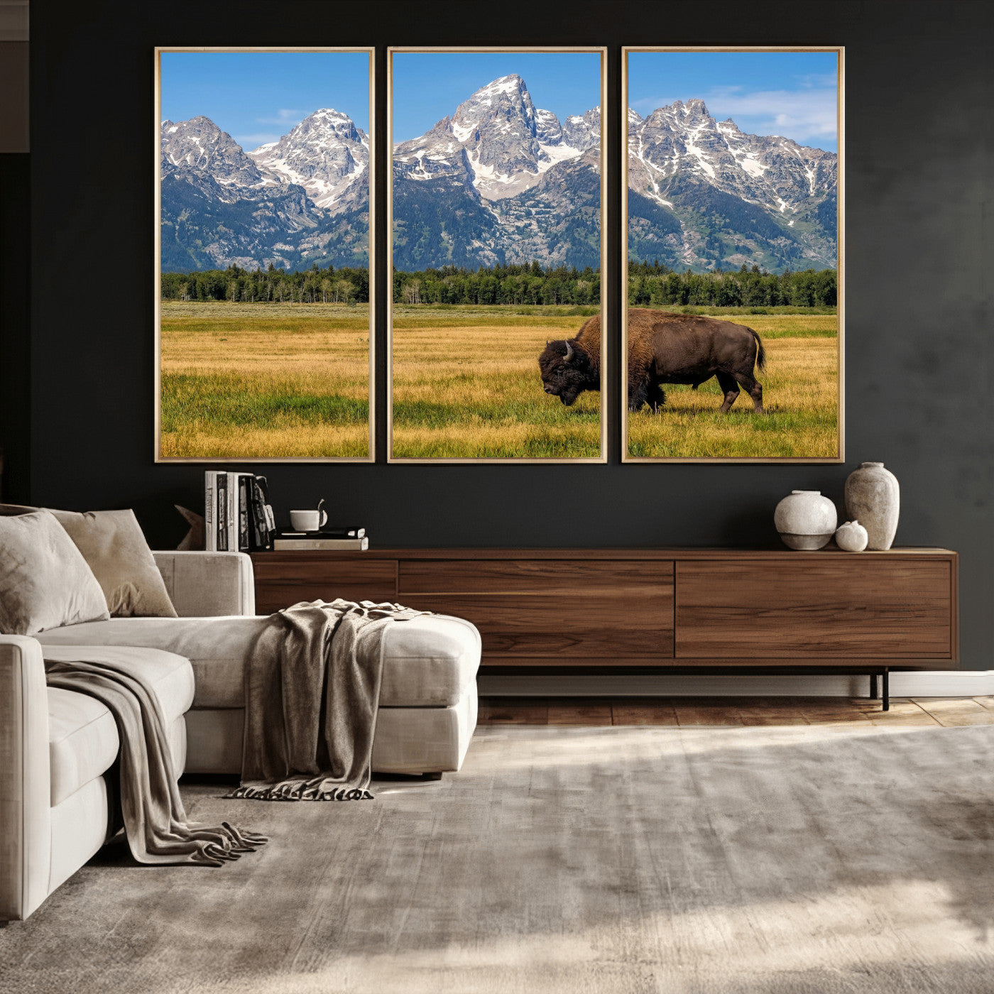20424529-MGV-CV-36X24 - Bison in Mountain Landscape Wall Art Canvas Print – Western Wildlife Artwork for Rustic Living Room Decor