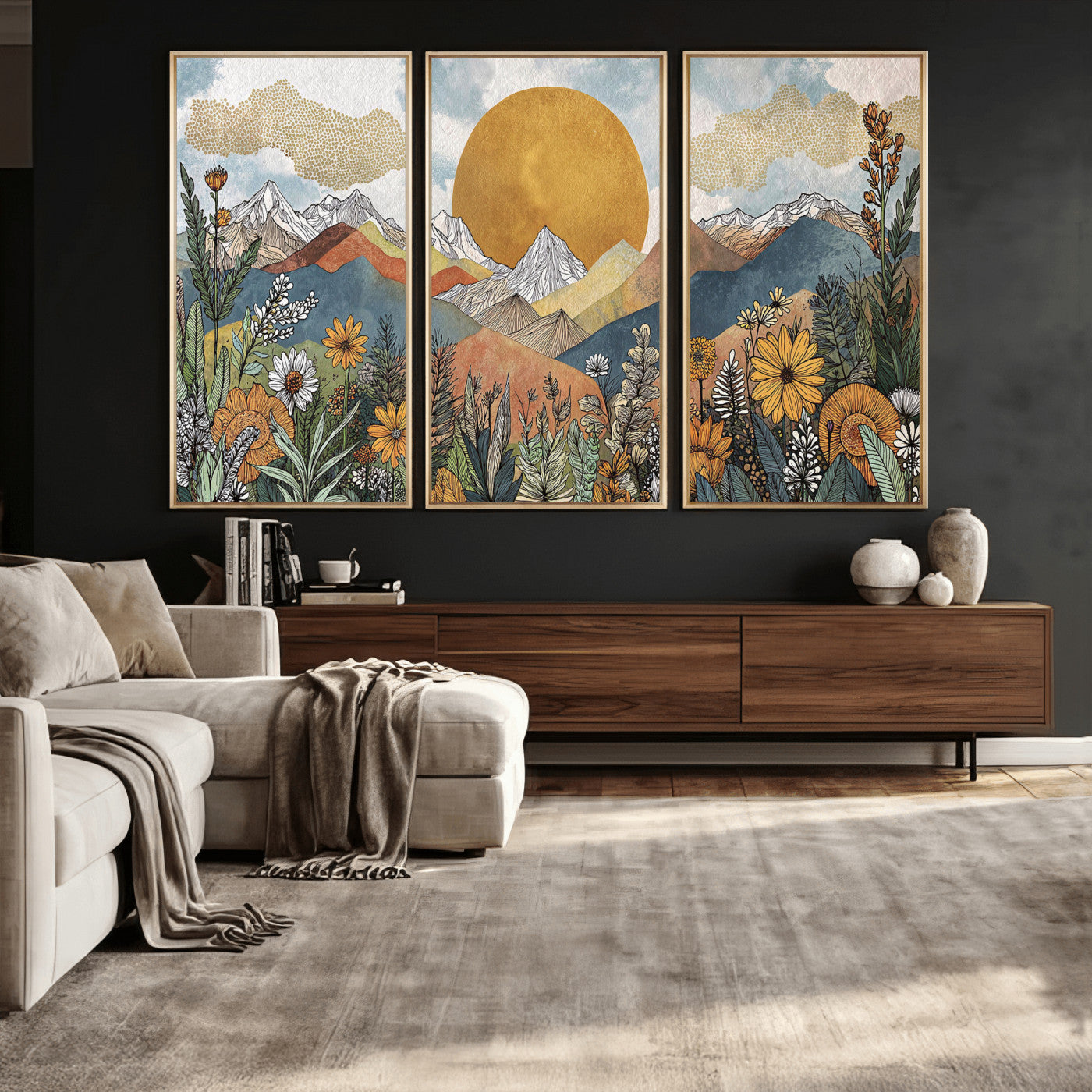 17540863-MGV-CV-36X24 - Boho Mountain Landscape Large Wall Art, Horizontal Gold Framed Canvas Print with Sun and Flowers