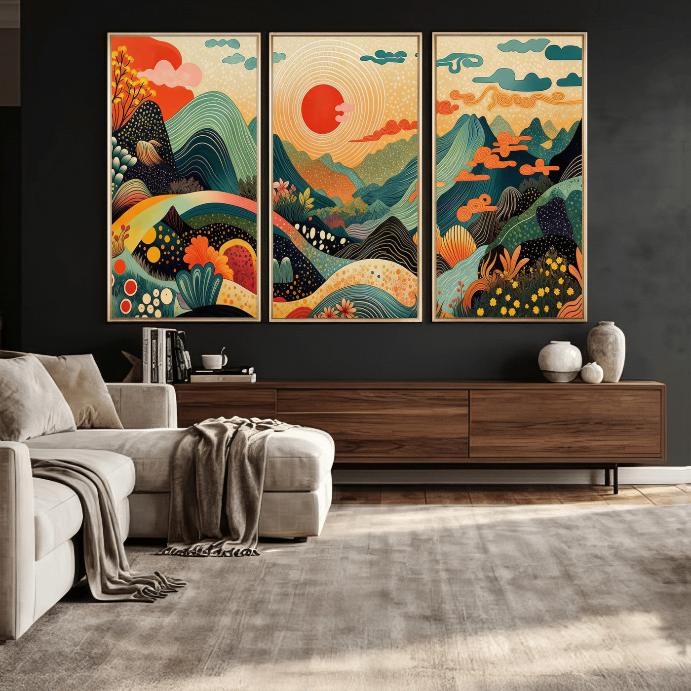 29927191-MGV-CV-36X24 - Yayoi Kusama Boho Mountain Landscape Large Wall Art, Horizontal Gold Framed Canvas Print with Sun and Flowers