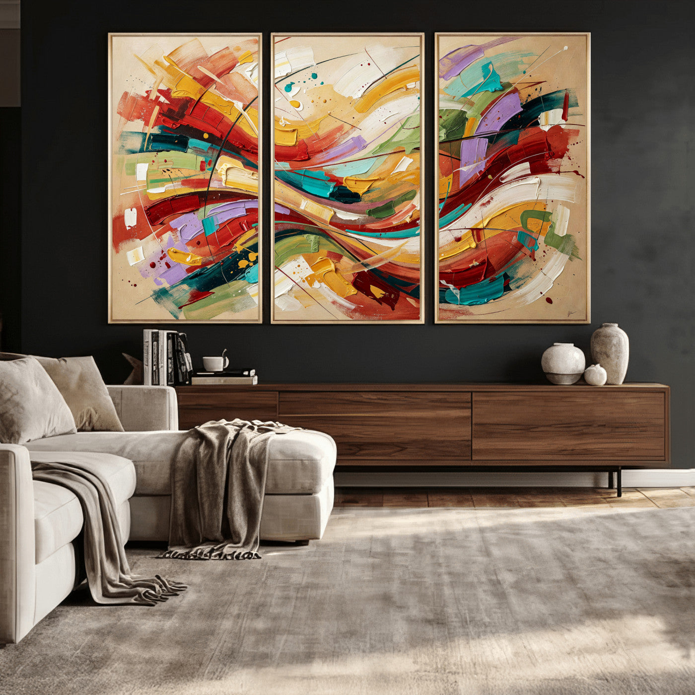 39887645-MGV-CV-36X24 - Geometric Abstract Wall Art Canvas Print, Orange Blue Abstract Expressionist Painting Print, Modern Geometric Abstract Canvas Art