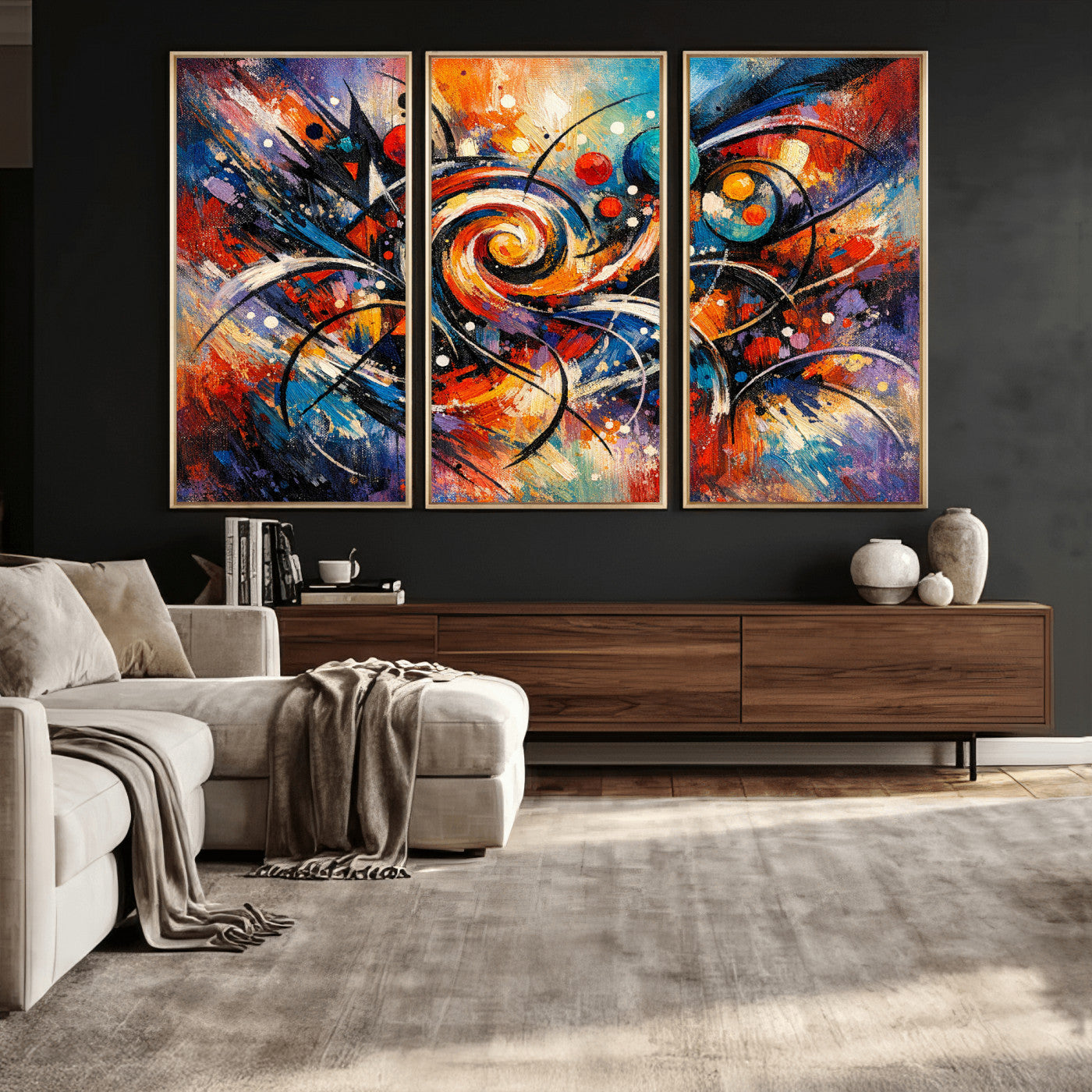 60193267-MGV-CV-36X24 - Geometric Abstract Wall Art Canvas Print, Orange Blue Abstract Expressionist Painting Print, Modern Geometric Abstract Canvas Art