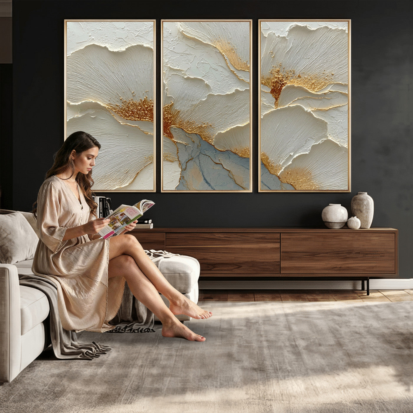4712069F1-MGV-CV-36X24 - White Gold Floral Canvas Wall Art — Textured Flower Print | Luxury Botanical Decor | Elegant Bedroom Art | Gold Leaf Wall Art Gift
