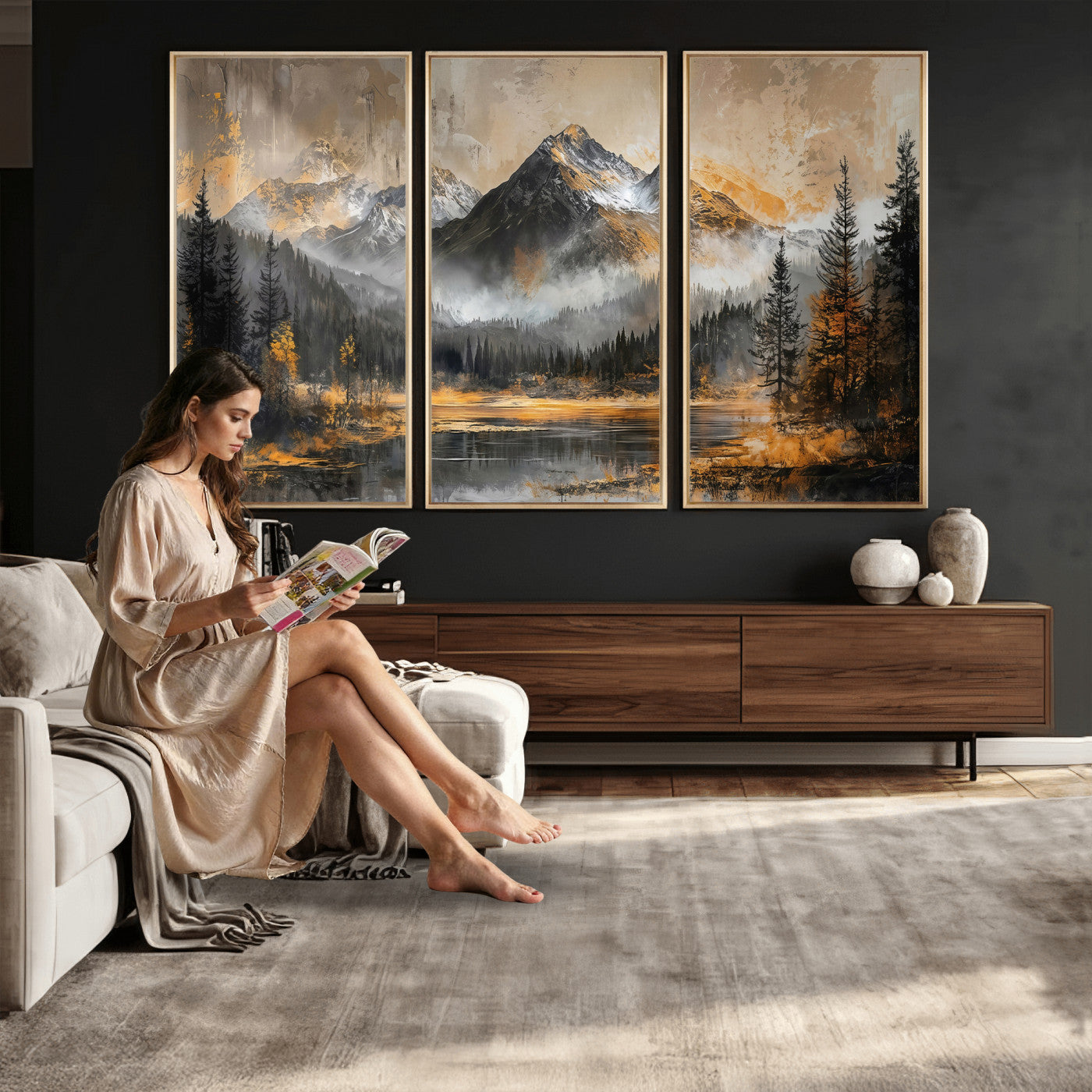 4712069D1-MGV-CV-36X24 - Mountain Lake Canvas Wall Art — Rustic Forest Landscape Print | Gold Grey Nature Decor | Cabin Wall Art | Large Wilderness Art Print Gift