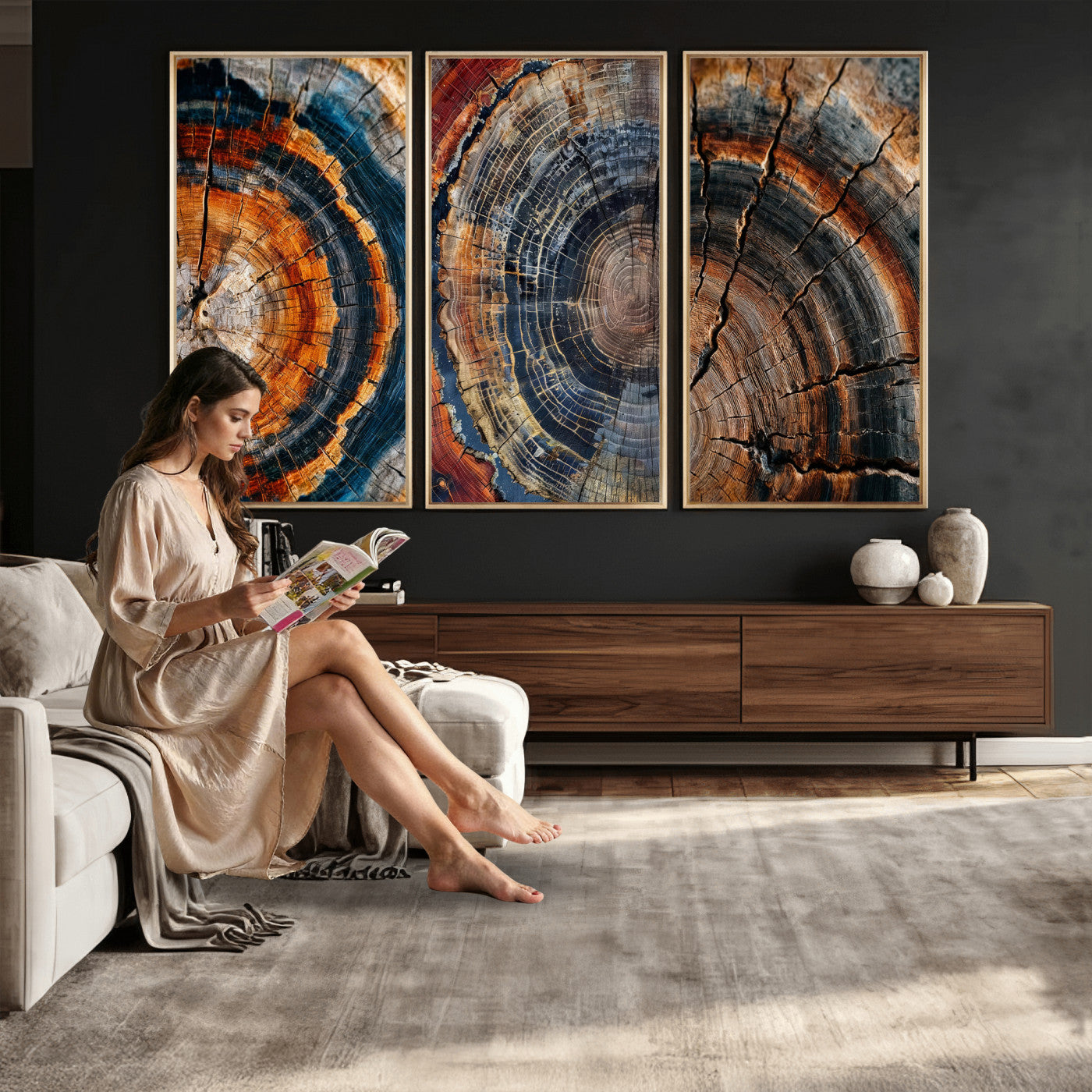 4712069W1-MGV-CV-48X32-3P - Tree Ring Triptych Canvas Wall Art — Set of 3 Wood Grain Print | Rustic Nature Decor | Earth Tone Wall Art | Unique Living Room Art Gift