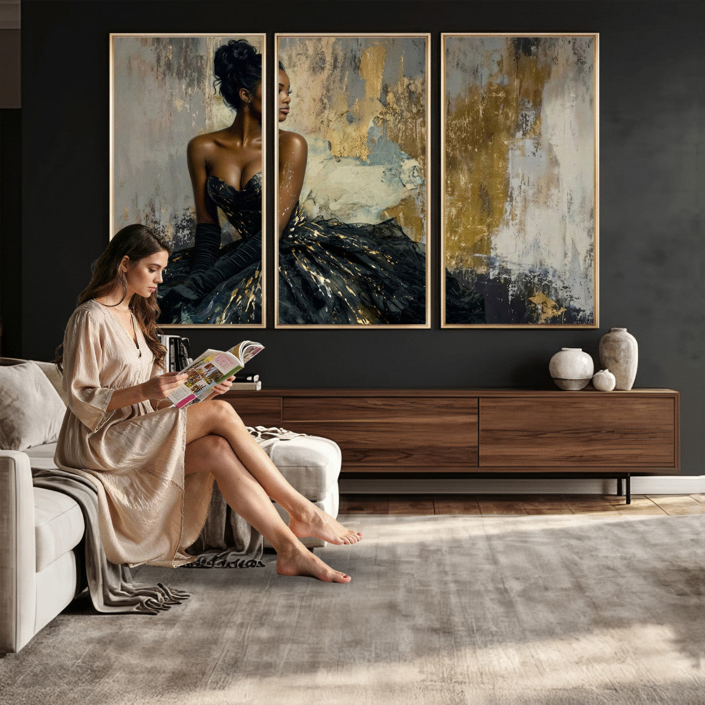 4712069Z1-MGV-CV-36X24 - Elegant Woman Canvas Wall Art — Black Gold Gown Fashion Print | Luxury Glam Wall Decor | African American Art | Bold Bedroom Wall Art Gift