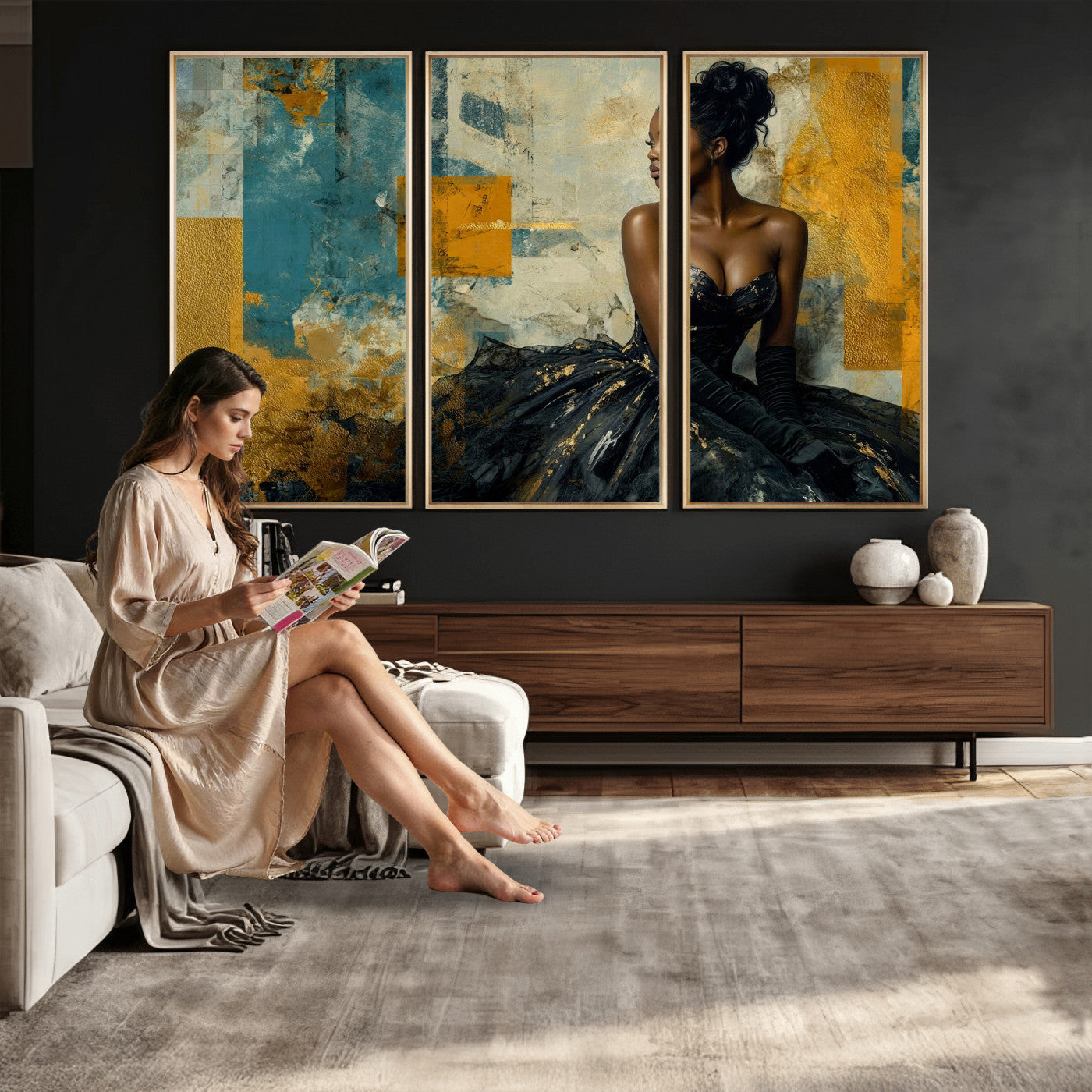 4712069Z21-MGV-CV-36X24 - Elegant Woman Canvas Wall Art — Black Gold Gown Fashion Print | Luxury Glam Wall Decor | African American Art | Bold Bedroom Wall Art Gift