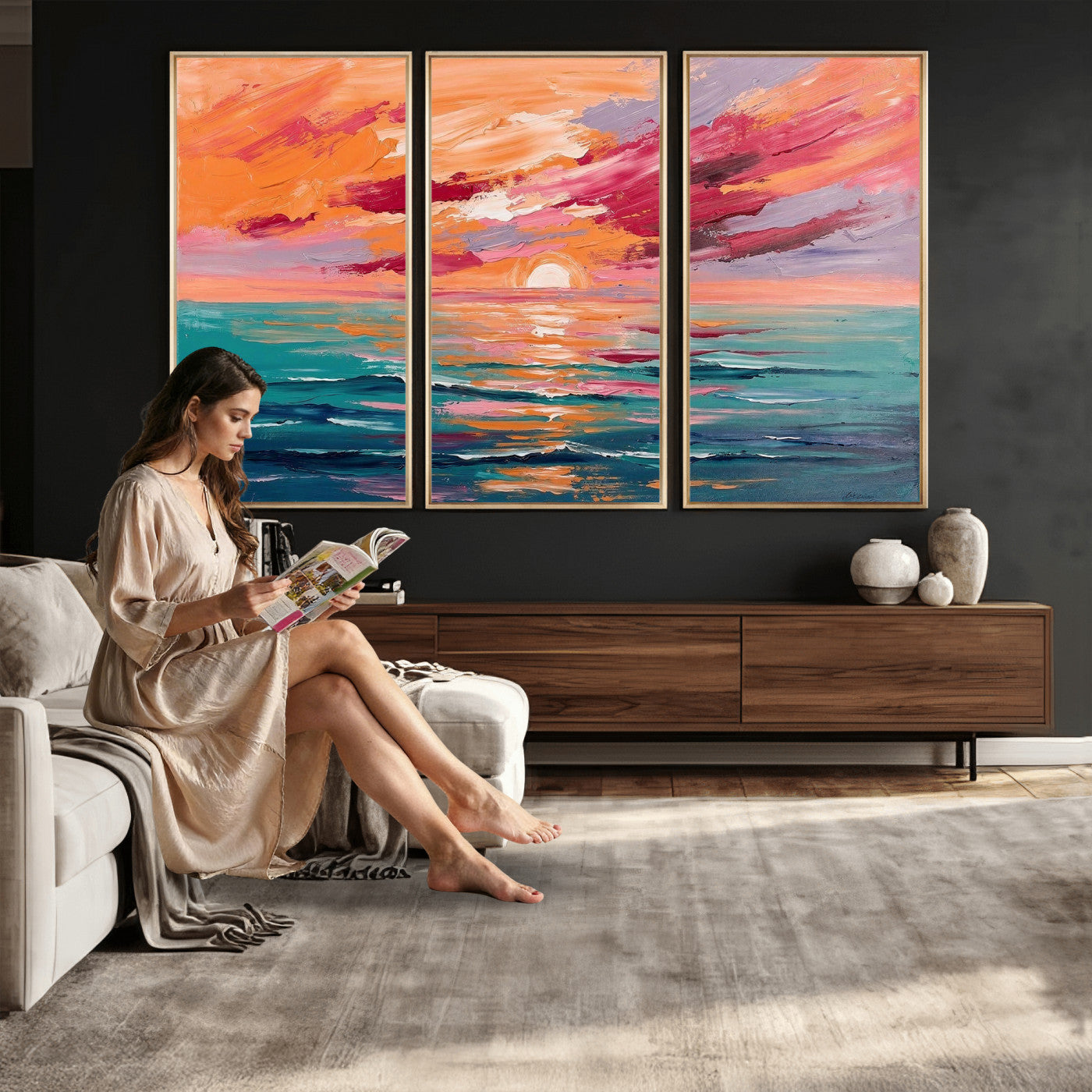 26763902-MGV-CV-36X24 - Bold Palette Knife Ocean Sunset Canvas — Orange Pink Teal Expressionist Sea Print | Colorful Coastal Wall Art | Vibrant Beach Decor Gift