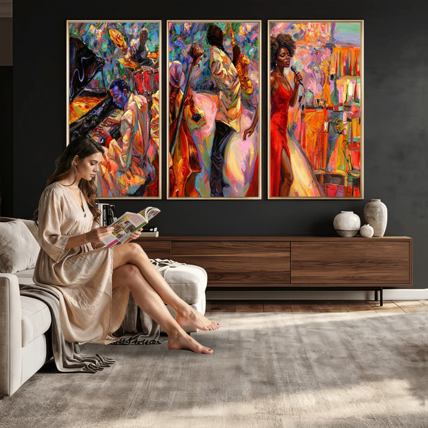72615137-MGV-CV-36X24 - African American Jazz Singer Canvas Art - Red Dress Black Woman Music Print | Colorful Jazz Band Wall Decor | Living Room Gift for Her