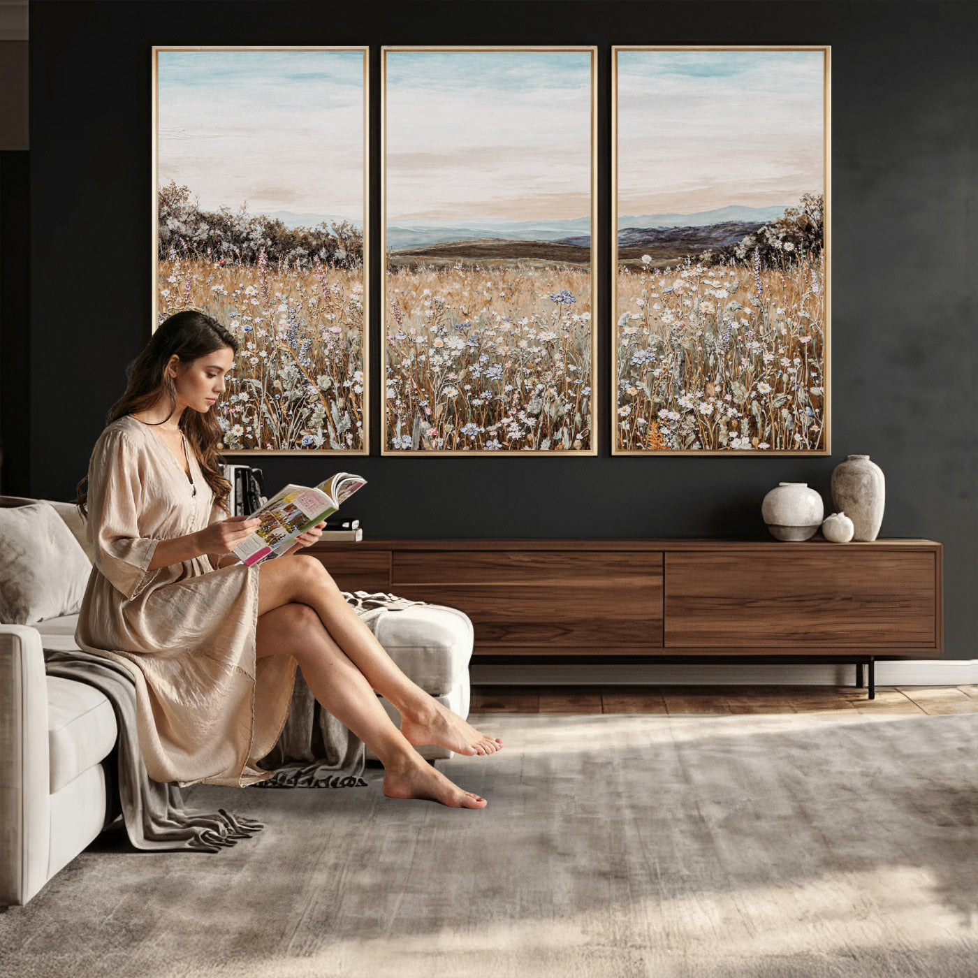 F35773805-MGV-CV-36X24 - Neutral Wildflower Field Canvas Wall Art — Beige Earth Tone Botanical Meadow Print | Farmhouse Boho Decor | Bedroom Living Room Gift Her