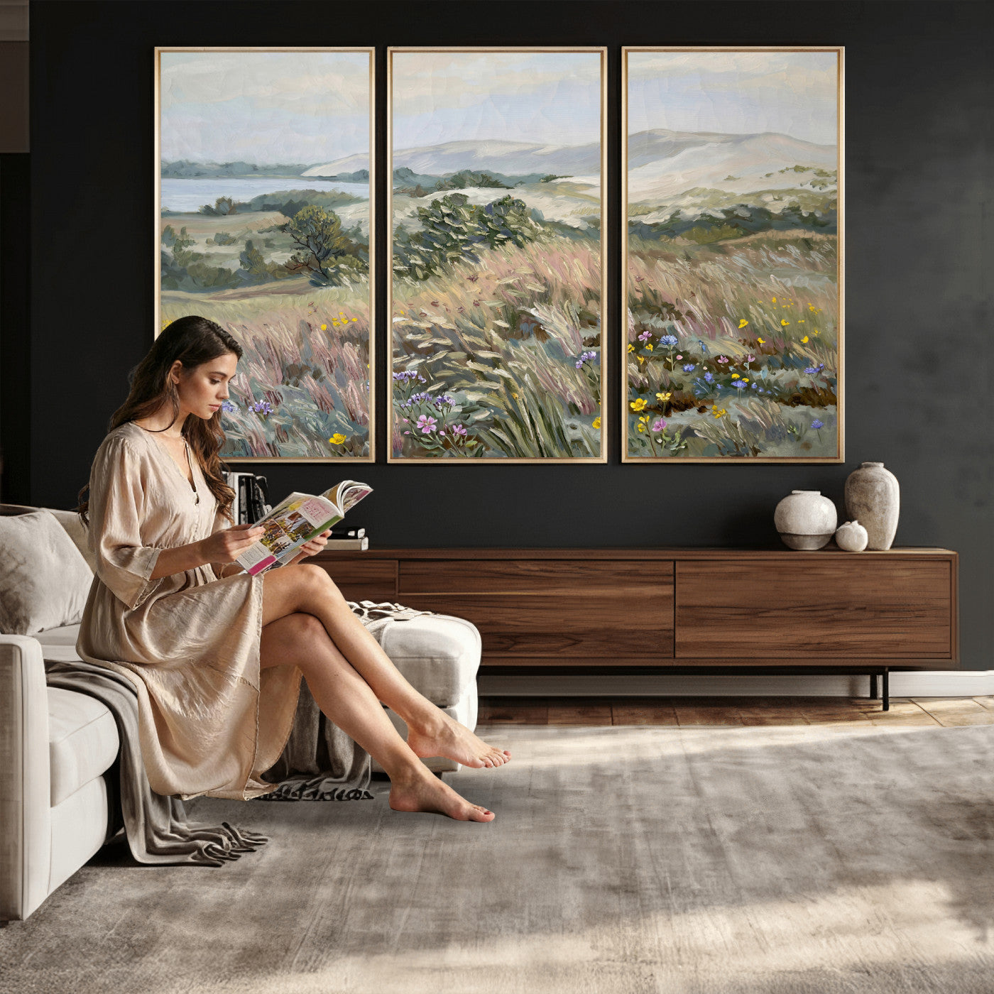 18013232-MGV-CV-36X24 - Katie Staples Hillside Canvas Wall Art — Coastal Wildflower Dune Oil Painting Print | Muted Green Nature Decor | Plein Air Landscape Gift