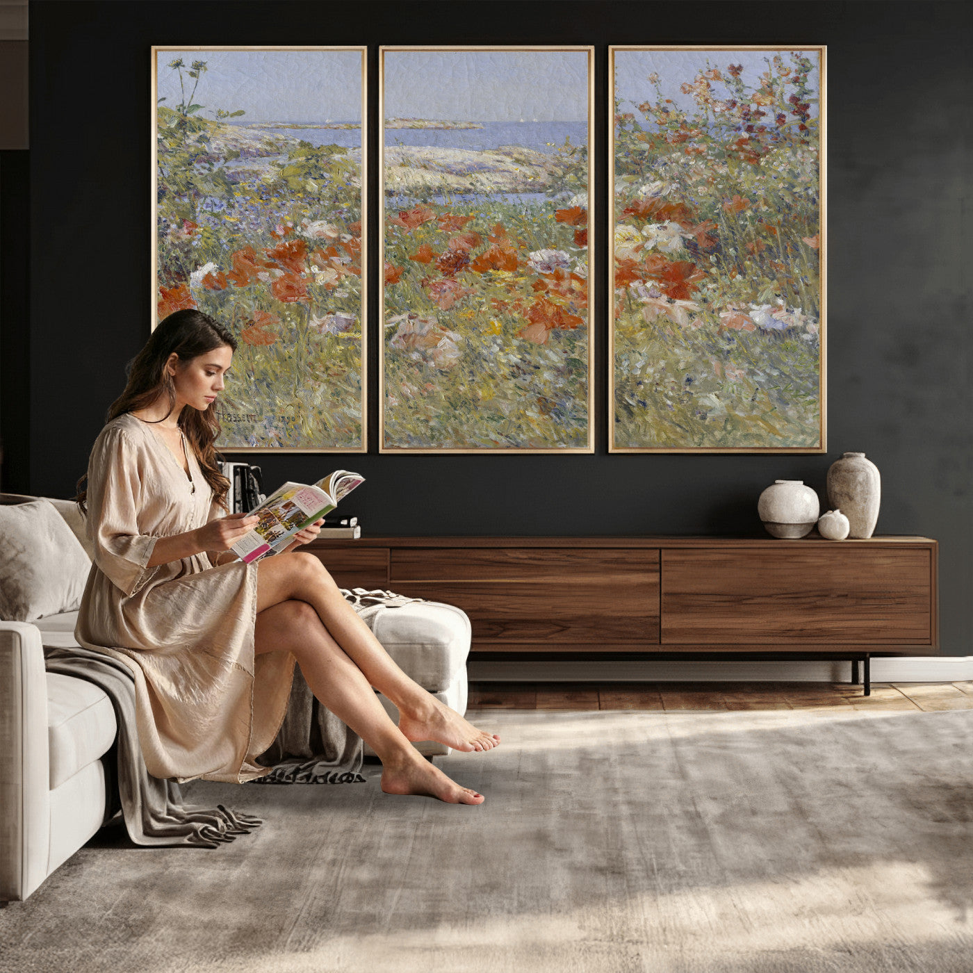 54770907-MGV-CV-36X24 - Childe Hassam Celia Thaxter Garden Canvas — 1890 American Impressionist Poppy Floral Print | Isles of Shoals Coastal Art | Classic Gift