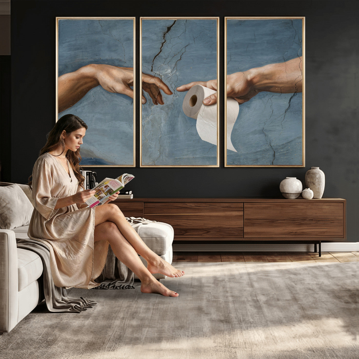 42648143-MGV-CV-36X24 - Funny Bathroom Canvas Wall Art, Michelangelo Creation of Adam Toilet Paper Parody, Renaissance Humor Print, Quirky Housewarming Gift, Toilet Room Decor