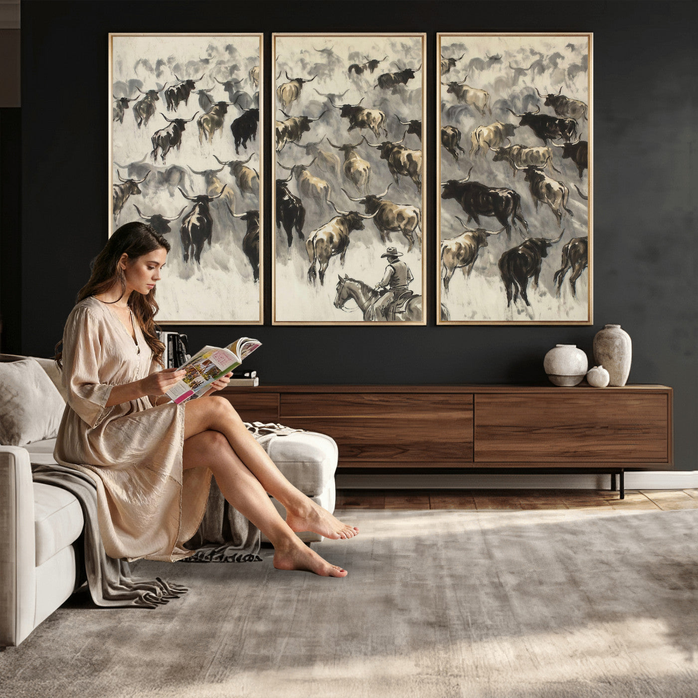 48049876-MGV-CV-36X24 - Cowboy Cattle Drive Canvas Wall Art, Western Longhorn Herd Ink Painting Print, Ranch Rodeo Decor, Black White Western Art, Large Living Room Art