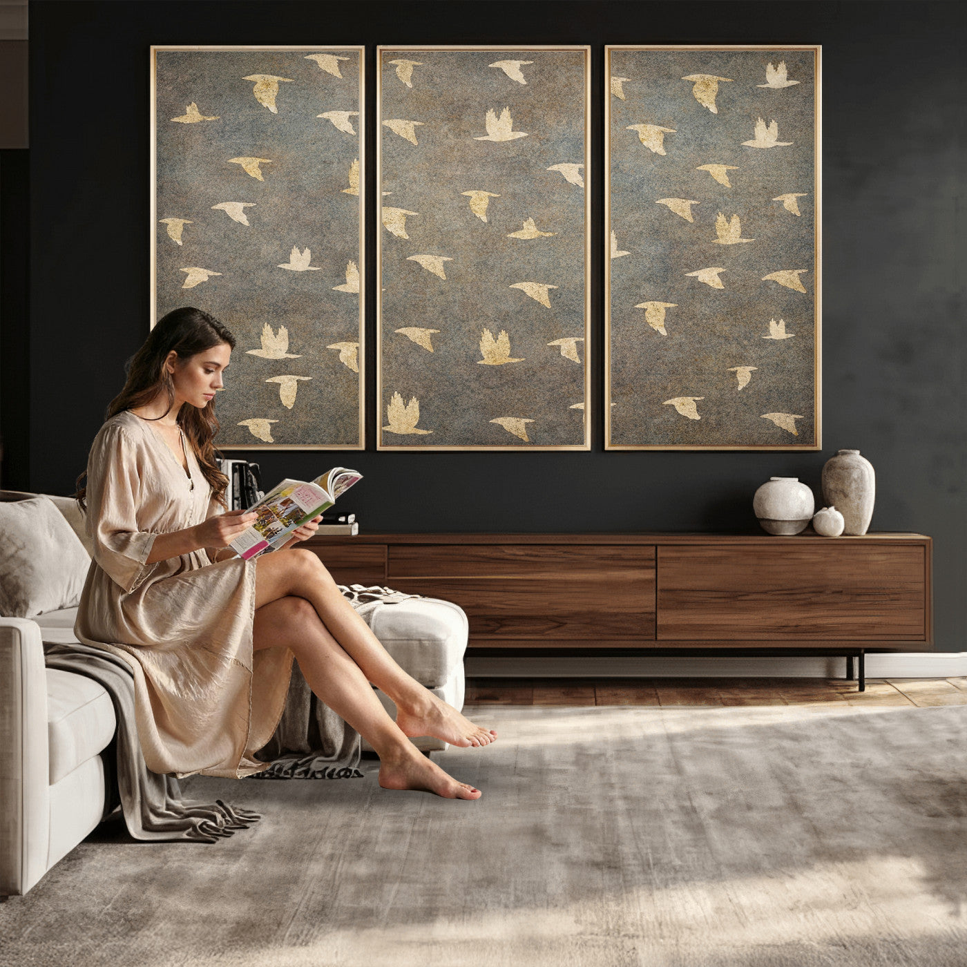 74076164-MGV-CV-36X24 - Flying Birds Canvas Wall Art, Vintage Bird Flock Pattern Print, Grey Gold Abstract Nature Decor, Rustic Bird Silhouette Art, Boho Living Room Decor