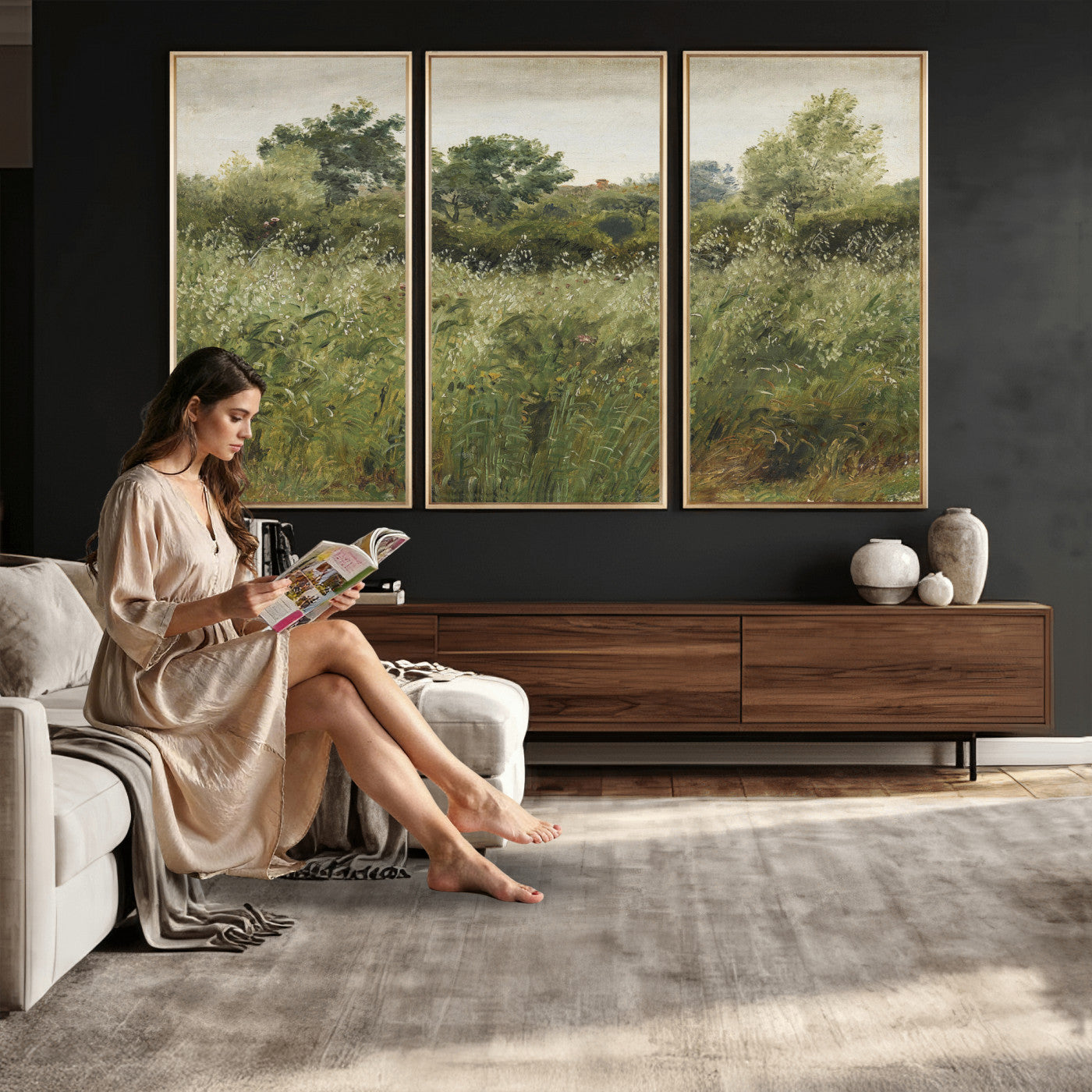 92328261-MGV-CV-36X24 - Wildflower Meadow Canvas Wall Art, Impressionist Overgrown Field Painting Print, Vintage Green Nature Decor, Cottagecore Botanical Art, Living Room Print