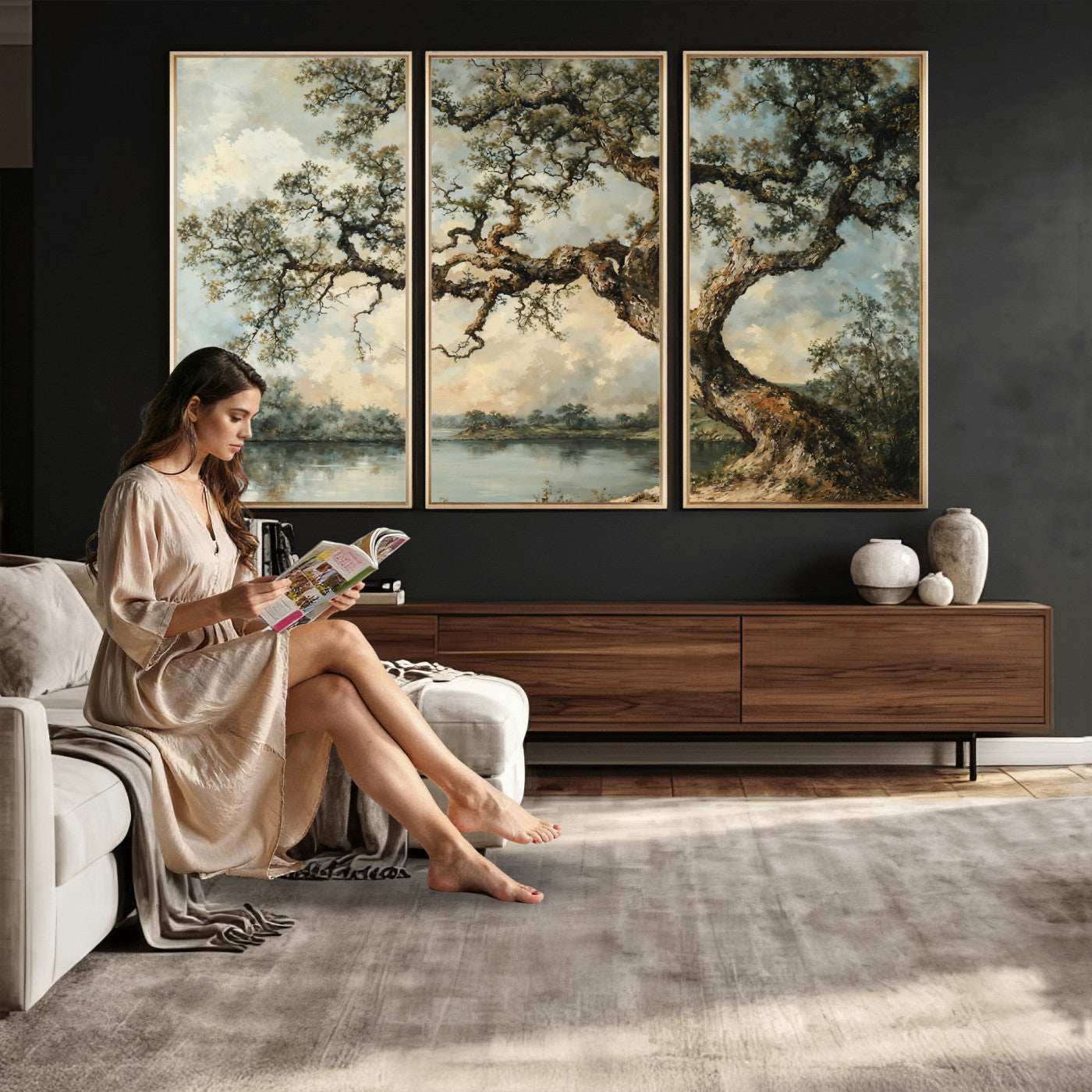 63857726-MGV-CV-36X24 - Old Oak Tree Canvas Wall Art, Turner Inspired Romantic Landscape Print, Vintage Nature Painting, Living Room Wall Decor, Antique Style Tree Art