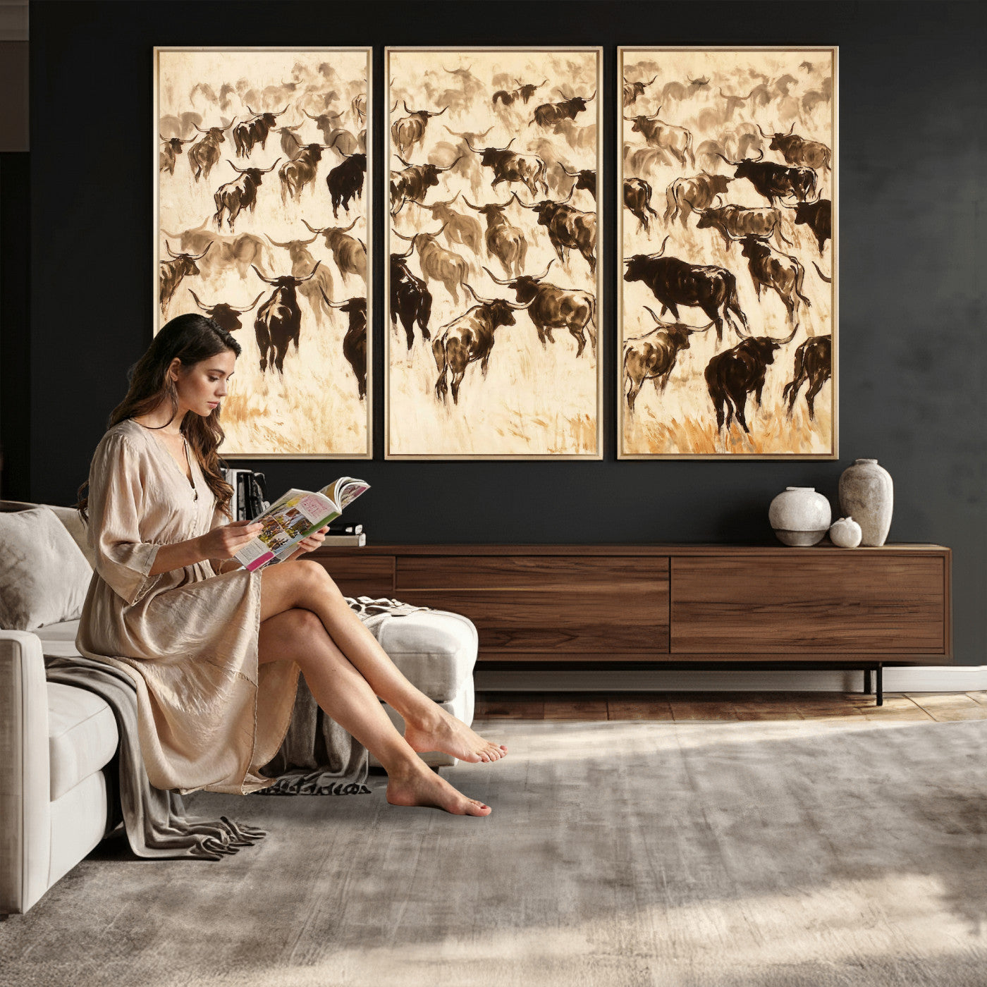 39077774-MGV-CV-36X24 - Texas Longhorn Sepia Canvas Wall Art, Western Cattle Stampede Painting Print, Warm Amber Ranch Decor, Rustic Cowboy Home Art, Large Living Room Decor