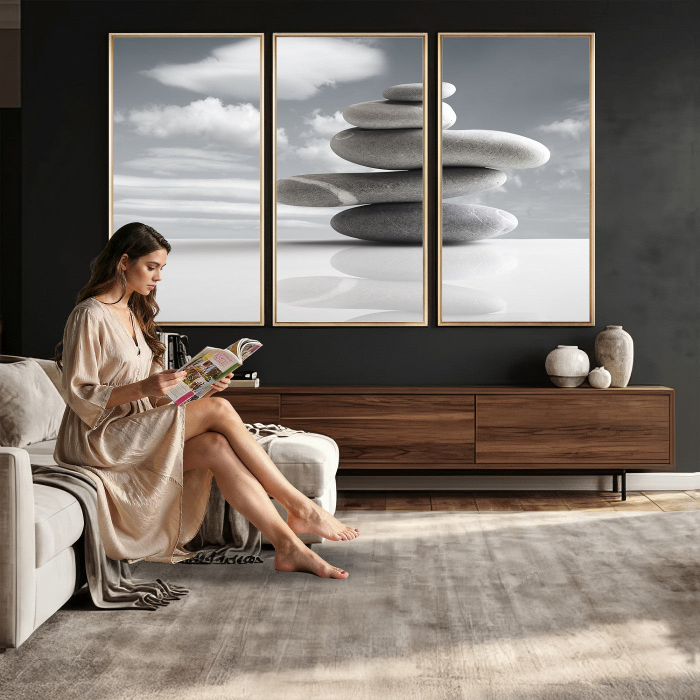 86426188-MGV-CV-36X24 - Zen Stone Wall Art Canvas Print, Balanced Rock Stack Framed Spa Artwork, Minimalist Meditation Decor for Living Room Bedroom Office Bathroom