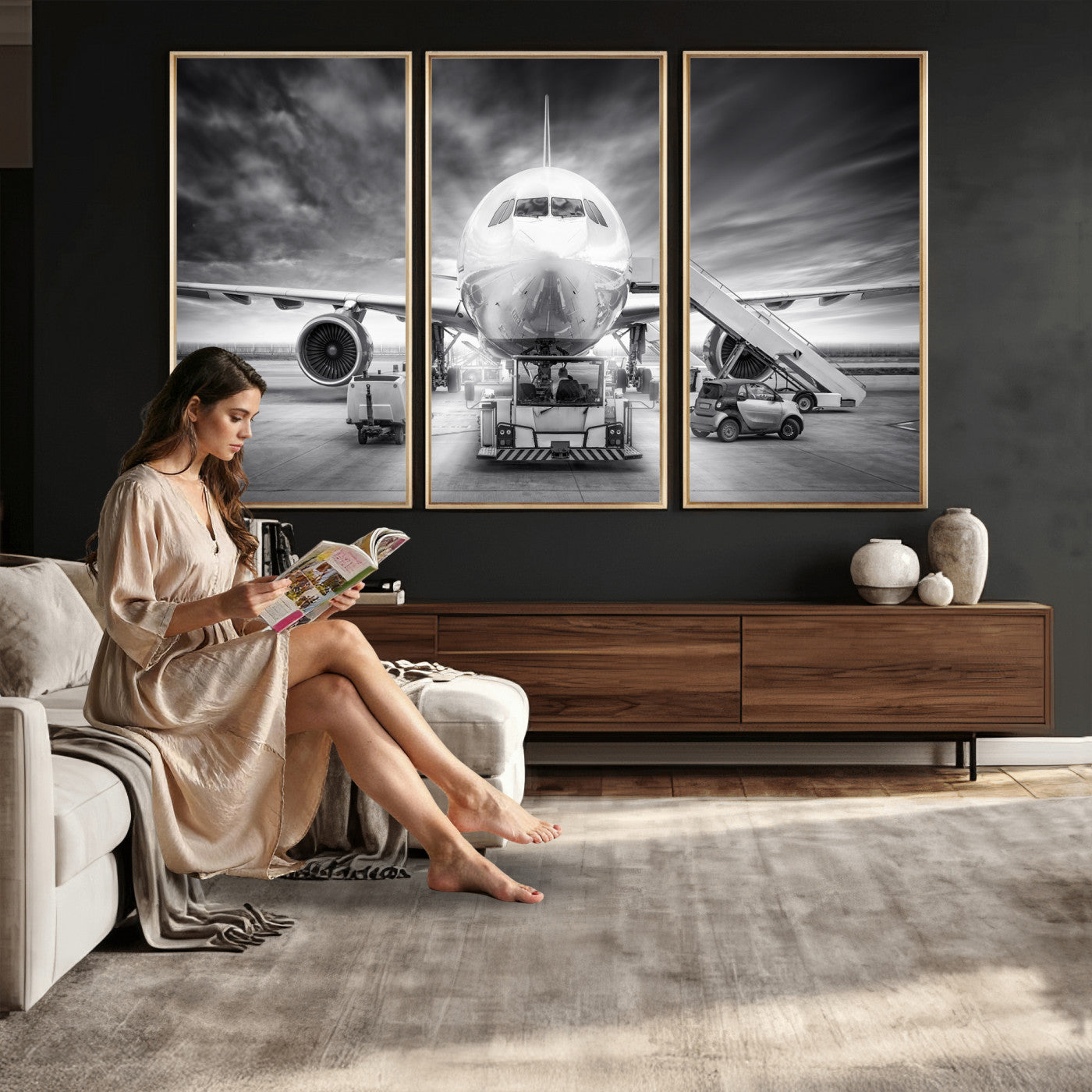85885848-MGV-CV-36X24 - Airplane Wall Art Canvas Print, Black and White Jet Aircraft Airport Runway Framed Aviation Artwork for Pilot Office Hangar Travel Decor