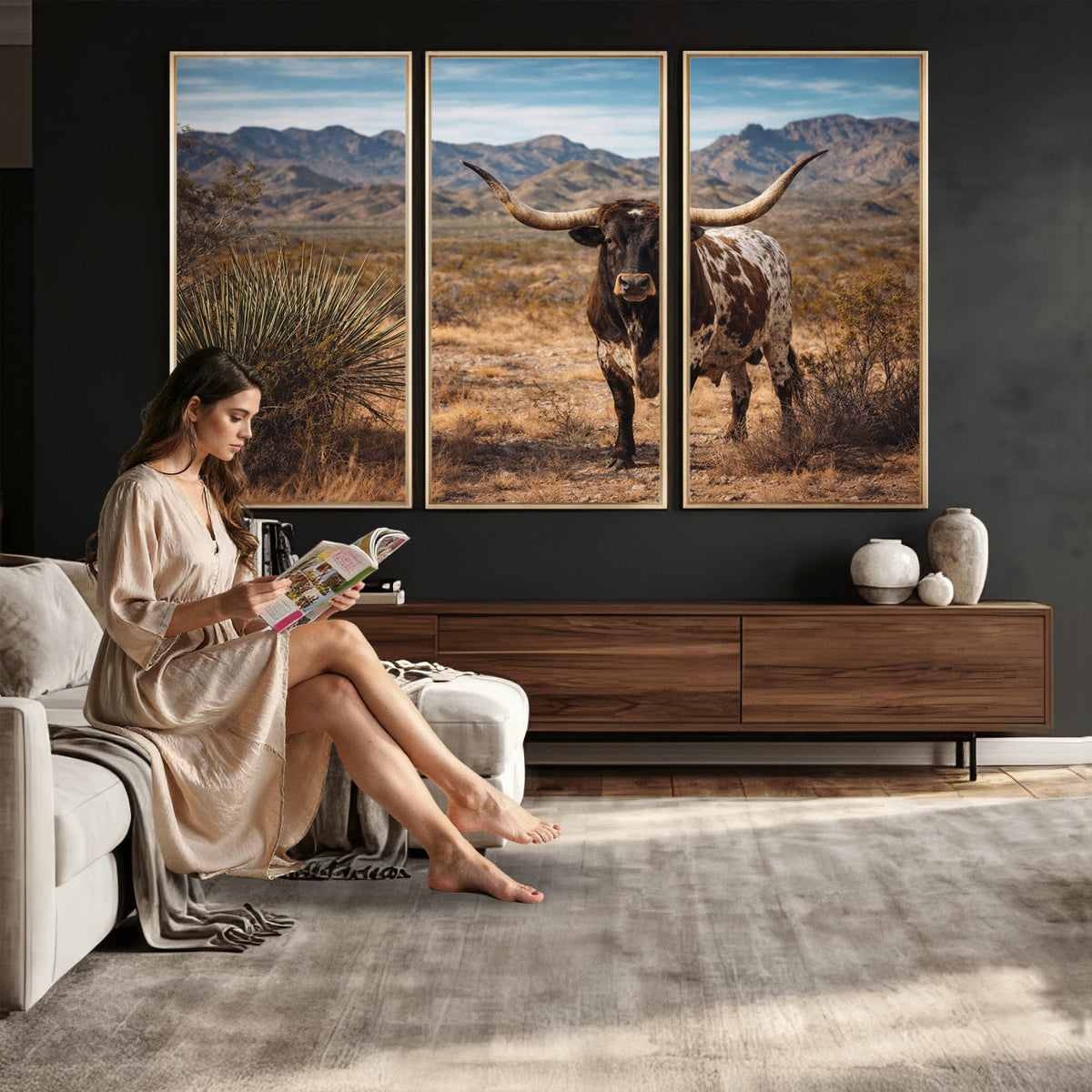 17622011S-MGV-CV-36X24 - Texas Longhorn Bull Wall Art Canvas Print, Western Farmhouse Cowboy Decor, Rustic Texas Ranch Cattle Artwork for Living Room Bedroom Office, Framed Wall Decor