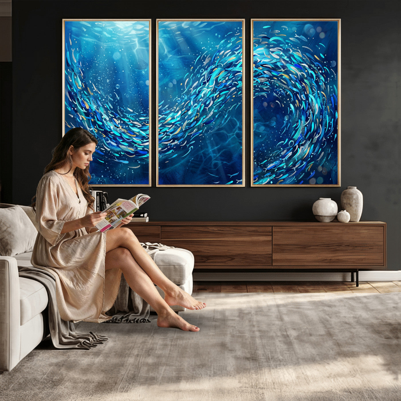 54535639-MGV-CV-36X24 - School of Fish Canvas Print | Blue Ocean Underwater Wall Art | Swirling Fish Shoal Illustration | Marine Navy Coastal Decor