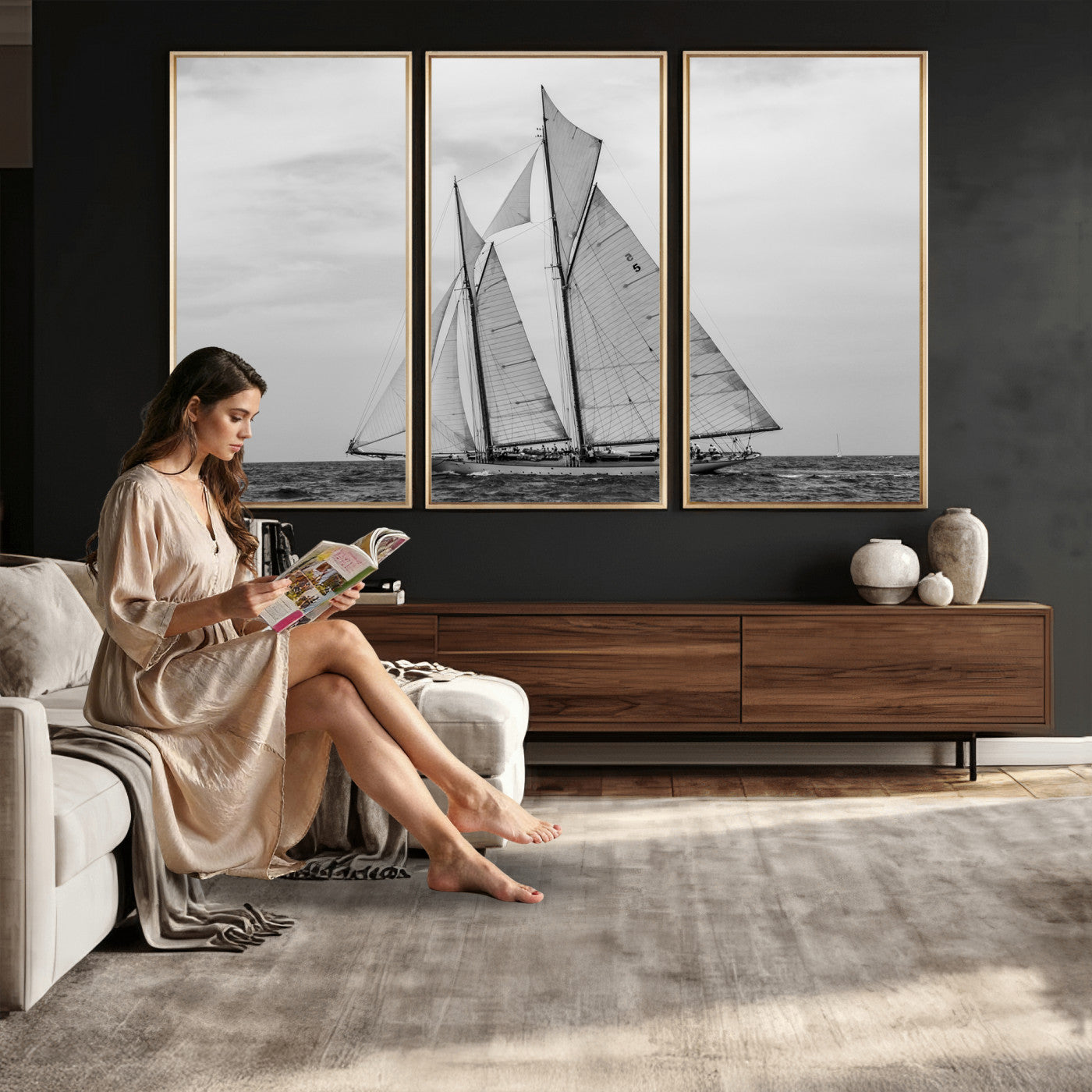 52882918-MGV-CV-36X24 - Vintage Sailboat Wall Art Canvas Print, Black and White Schooner Framed Artwork, Nautical Ocean Sailing Decor for Living Room Office Beach House