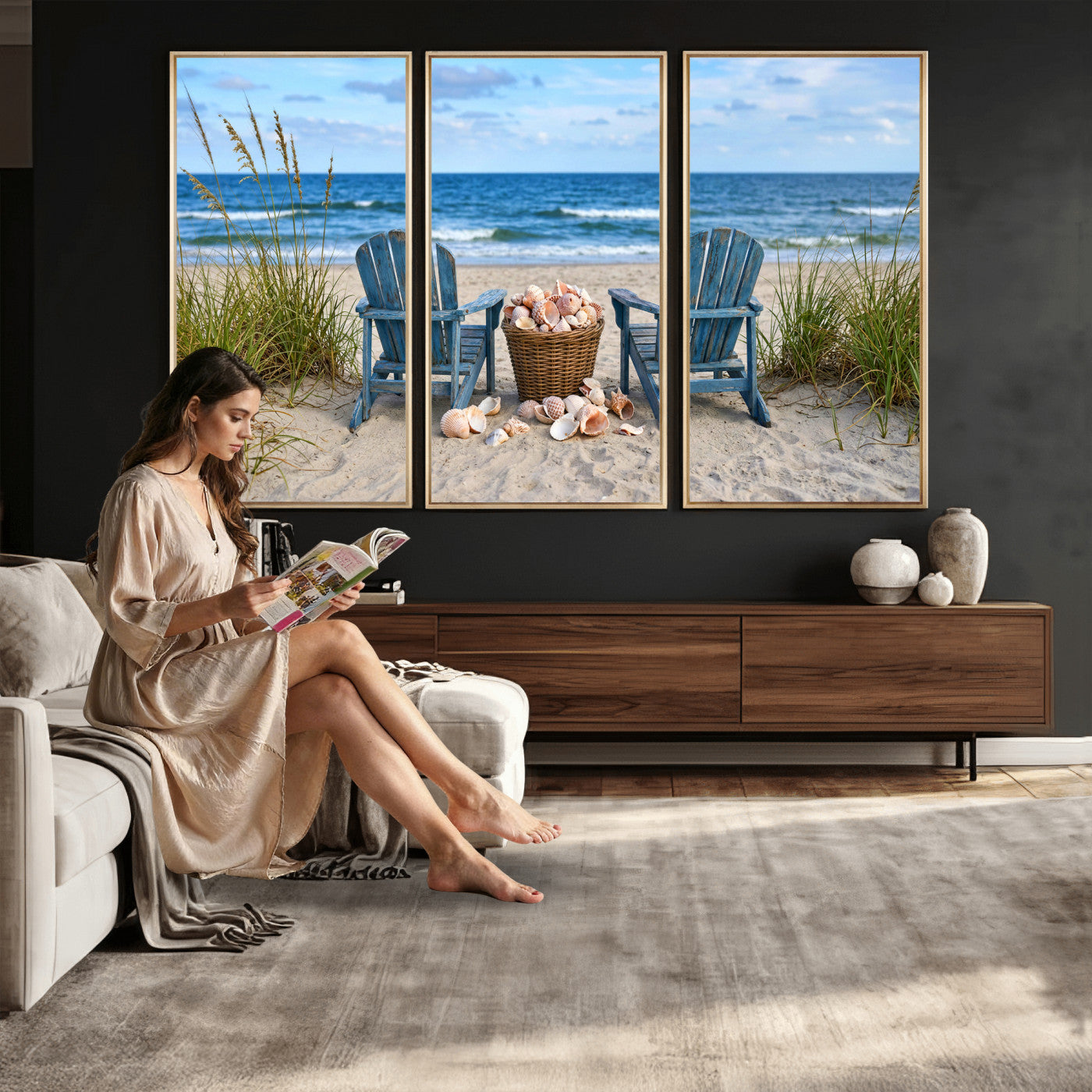 80268829-MGV-CV-36X24 - Large Beach Canvas Wall Art Coastal Adirondack Chairs Ocean Seashells Blue Nautical Framed Large for Living Room Bedroom Bathroom Decor