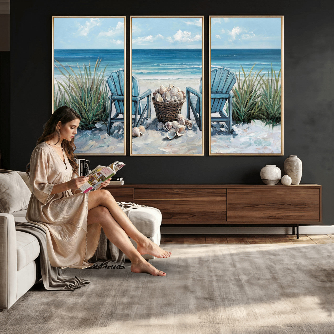 11973028-MGV-CV-36X24 - Beach Canvas Wall Art Coastal Adirondack Chairs Ocean Seashells Blue Nautical Framed Large for Living Room Bedroom Bathroom Decor