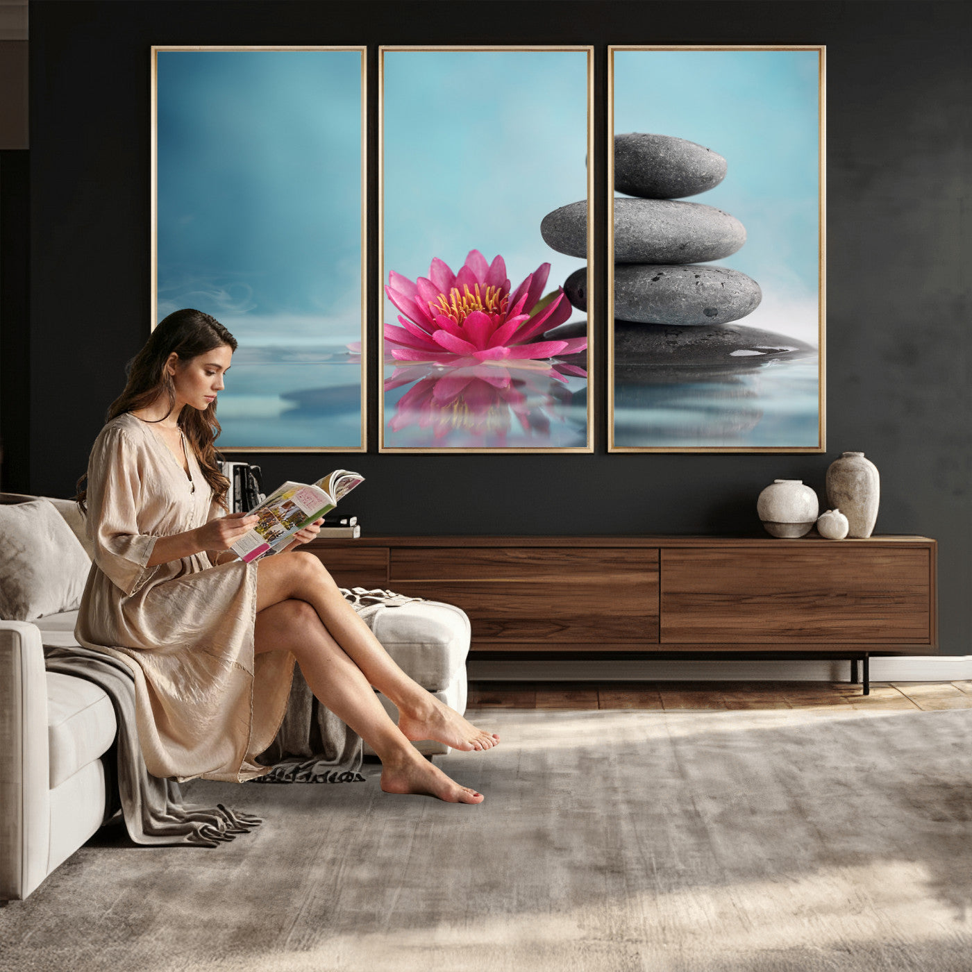 84293154-MGV-CV-36X24 - Zen Canvas Wall Art Lotus Flower Stacked Stones Teal Spa Meditation Relaxation Framed Large for Bathroom Bedroom Living Room Office Decor