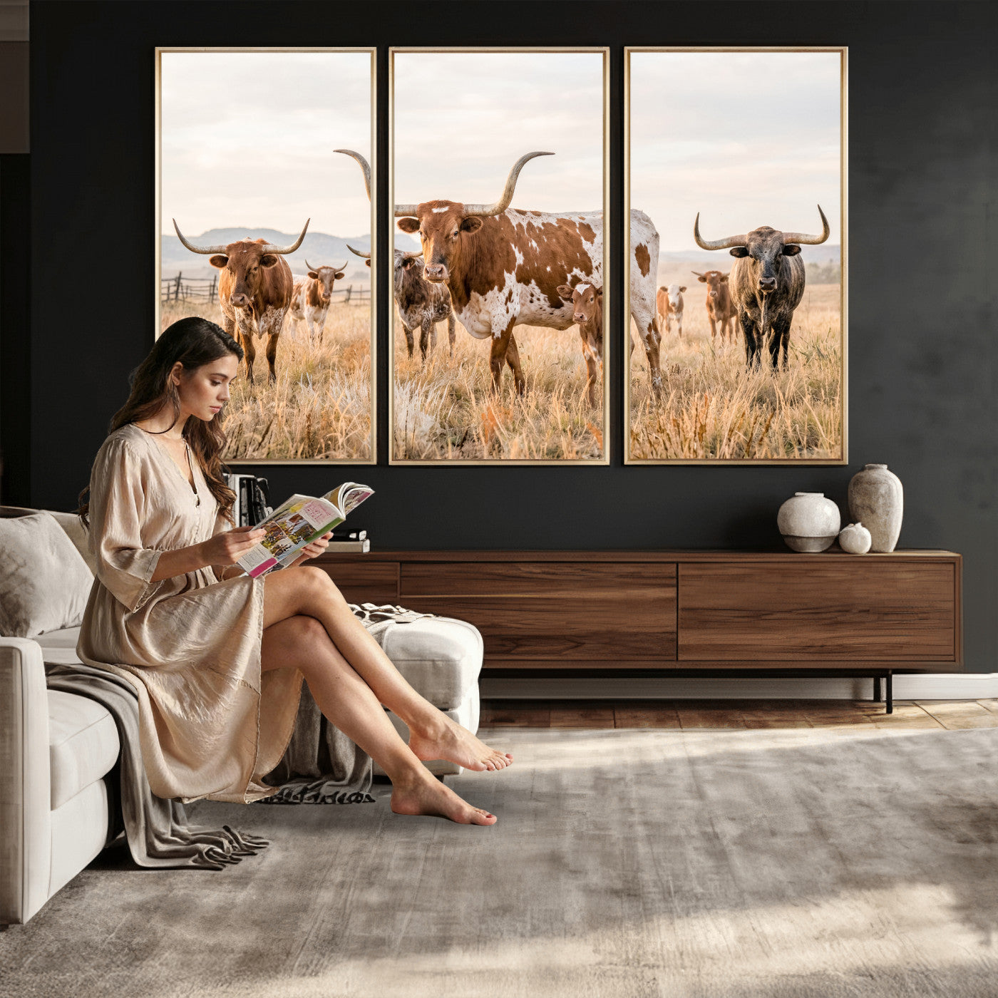 62336425AC-MGV-CV-36X24 - Texas Longhorn Canvas Wall Art, Rustic Farm Animal Photography Print, Farmhouse Country Decor, Western Ranch Art