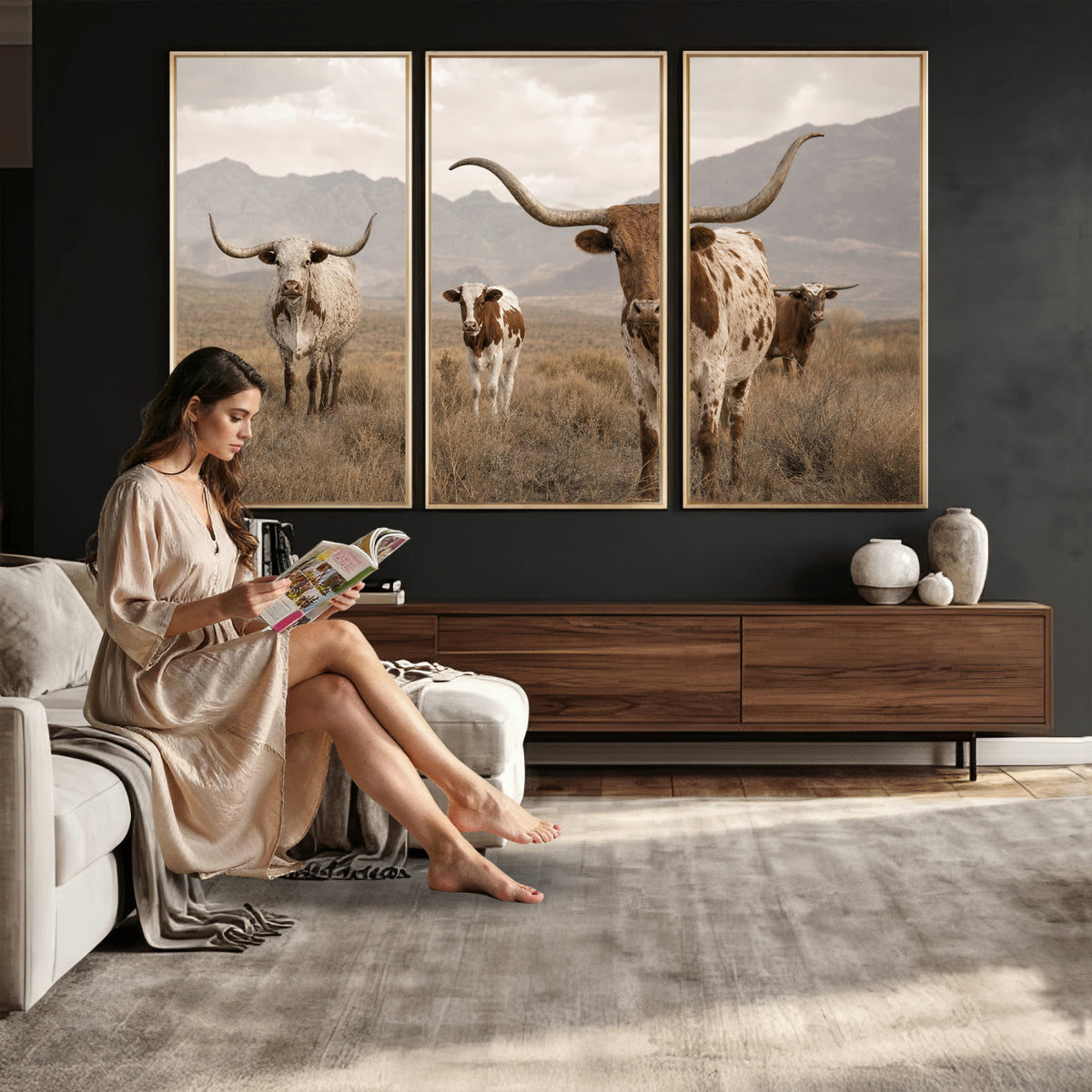 62336425AD-MGV-CV-36X24 - Rustic Texas Longhorn Cow Canvas Wall Art Print, Rustic Farm Animal Photography Print, Farmhouse Country Decor, Western Ranch Art