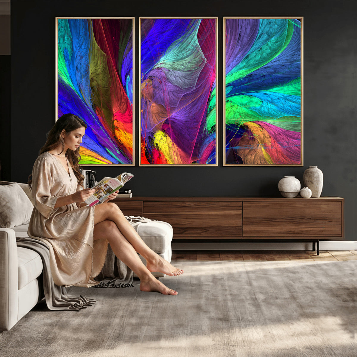 376925791-MGV-CV-36X24 - Colorful Abstract Canvas Wall Art, Rainbow Swirl Fractal Print, Bold Multicolor Living Room Decor, Vibrant Energy Art, Large Abstract Wall Art