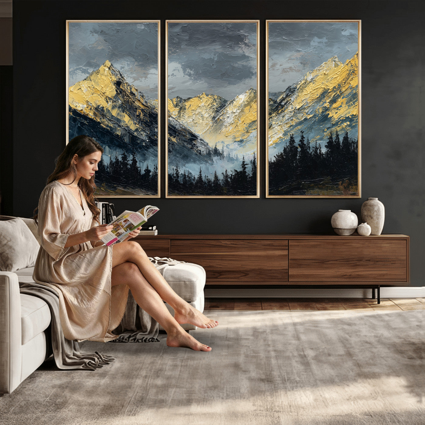 86912101-MGV-CV-48X32-3P - Abstract Mountain Wall Art Canvas Print Modern Landscape Painting Print