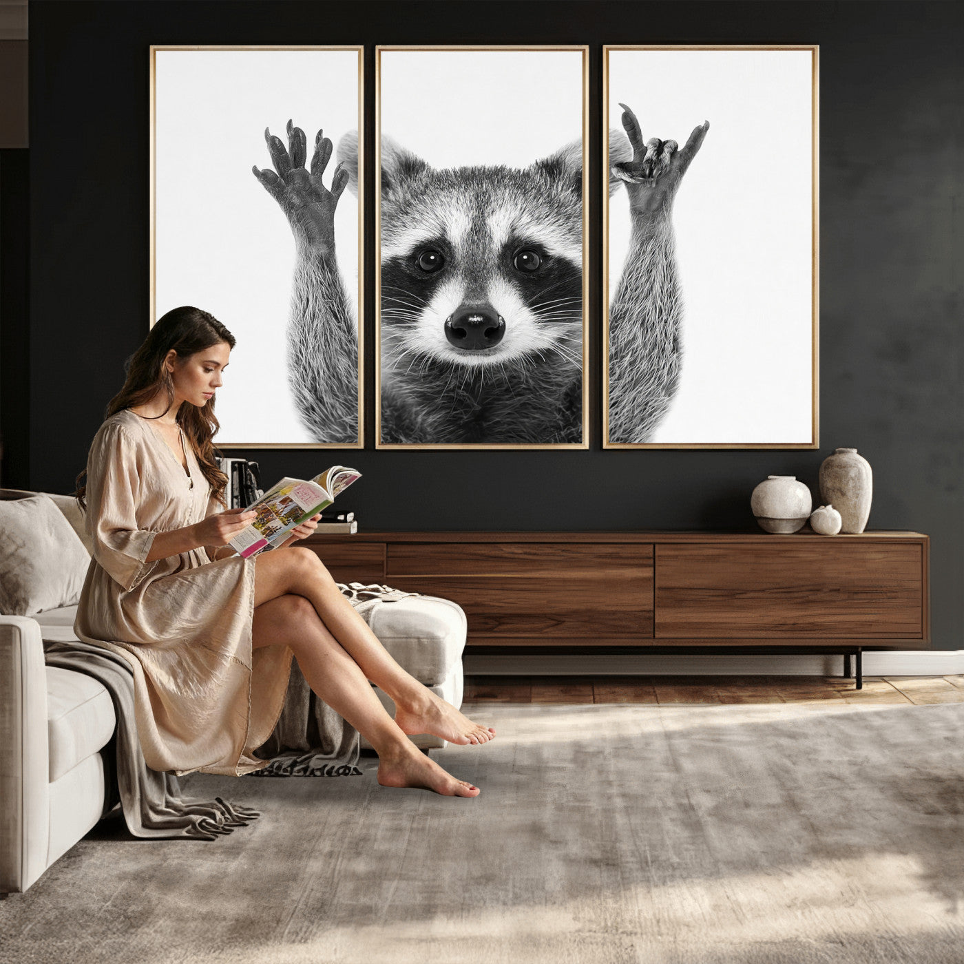 82392228-MGV-CV-36X24 - Funny Raccoon Canvas Wall Art, Black White Hands Up Animal Photo Print, Humorous Wildlife Decor, Kids Room Nursery Art, Quirky Animal Gift