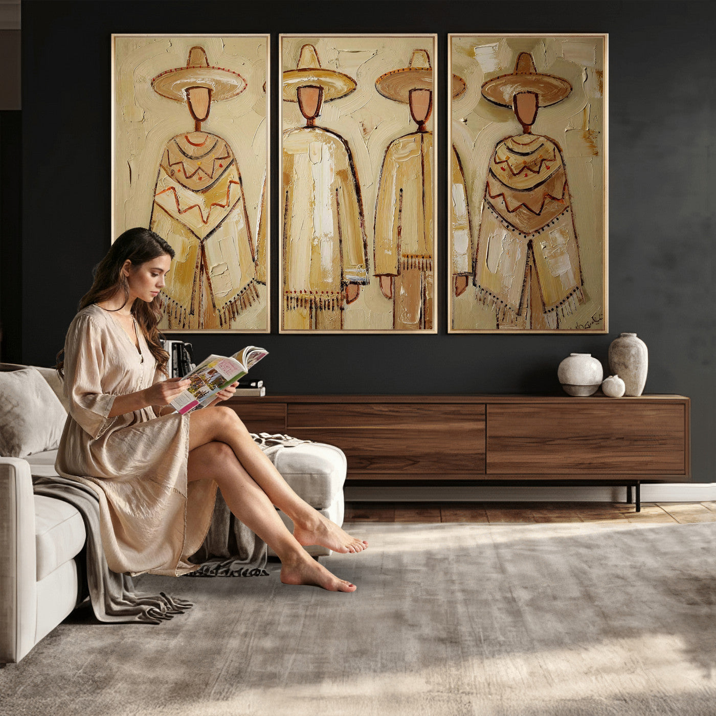 46071653-MGV-CV-36X24 - Mexican Folk Art Canvas Wall Art, Charro Poncho Sombrero Painting Print, Neutral Beige Boho Decor, Southwestern Impasto Style, Living Room Art