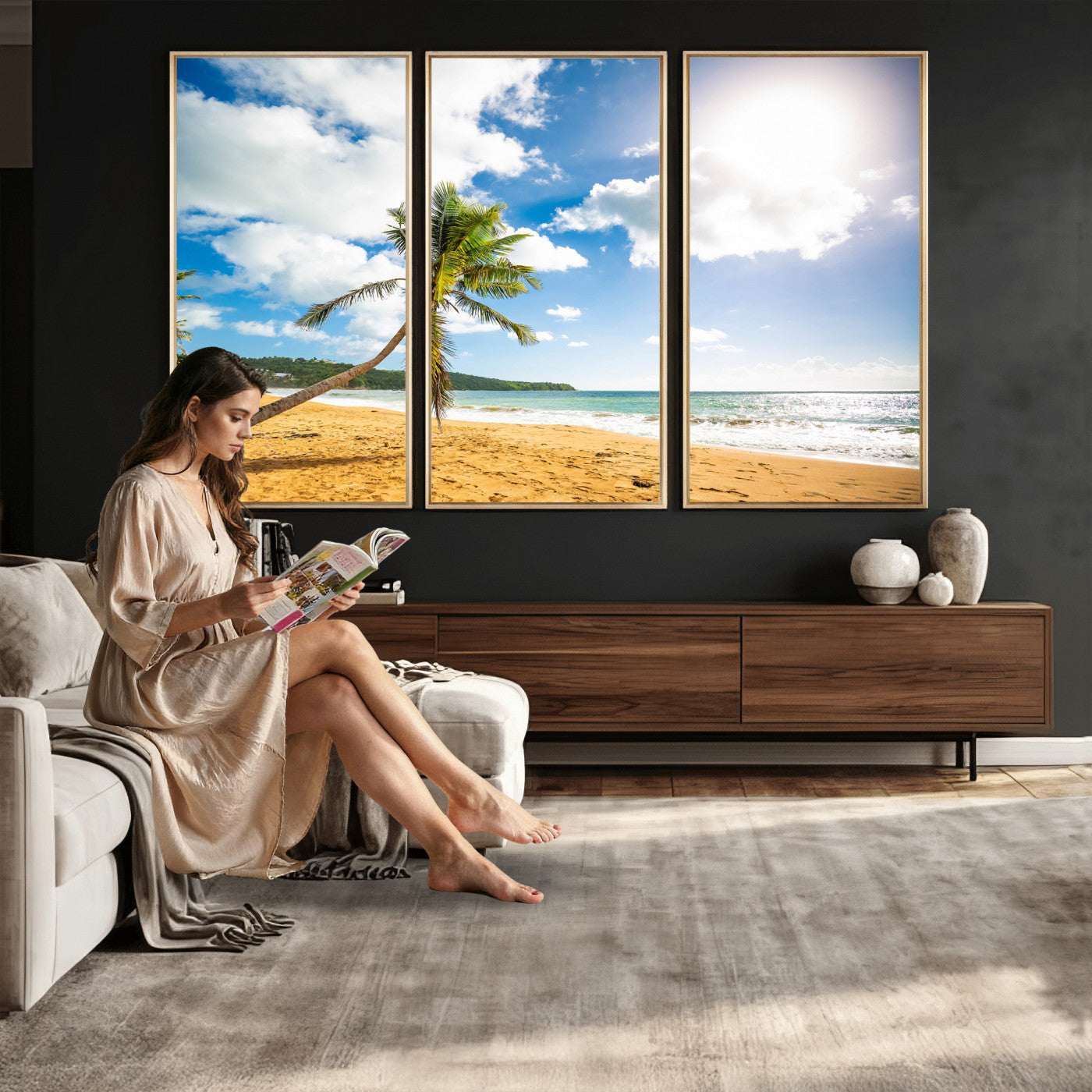 79108949-MGV-CV-36X24 - Tropical Beach Canvas Wall Art, Palm Tree Ocean Photo Print, Coastal Living Room Decor, Turquoise Sea Beach House Art, Summer Wall Art