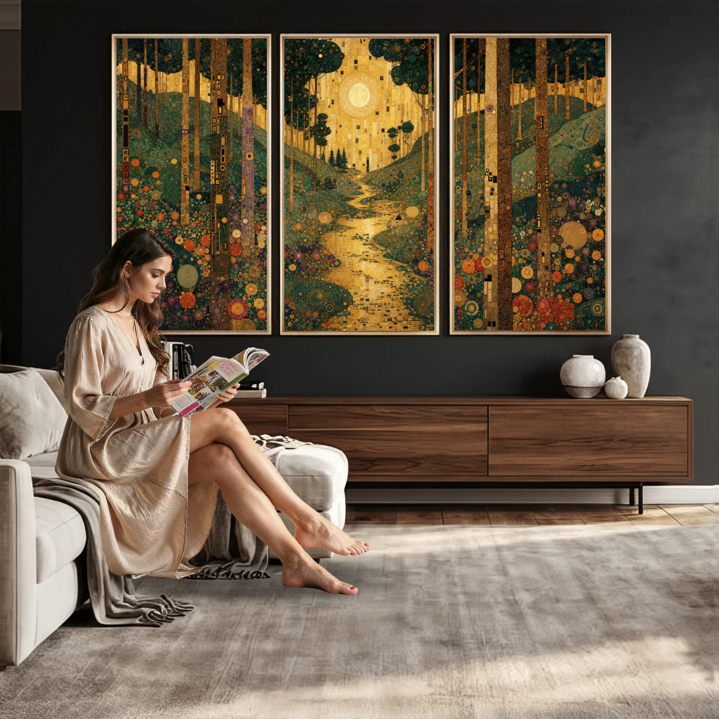 79483321GS-MGV-CV-48X32-3P - Gustav Klimt Style Forest Canvas Wall Art, Golden Forest Path Floral Art Nouveau Print, Enchanted Woodland Decor