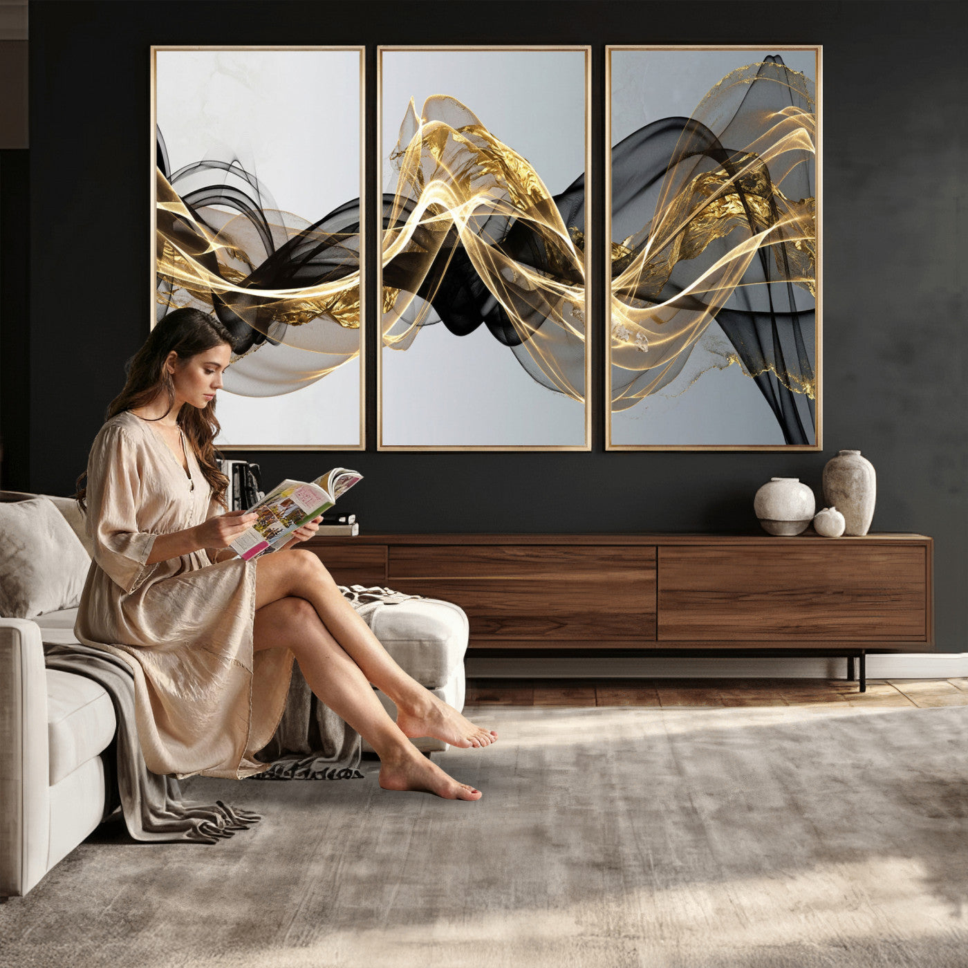 79483321DL-MGV-CV-36X24 - Black and Gold Abstract Wall Art, Modern Wave Canvas Print, Elegant Flowing Smoke Art, Luxury Living Room Decor