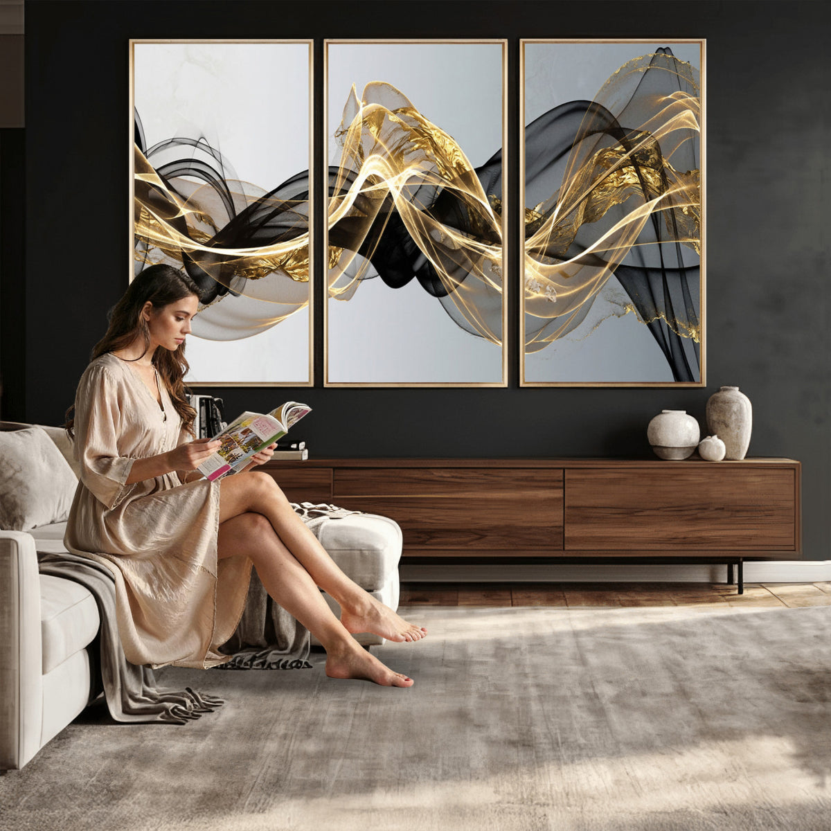 79483321DL-MGV-CV-36X24 - Black and Gold Abstract Wall Art, Modern Wave Canvas Print, Elegant Flowing Smoke Art, Luxury Living Room Decor