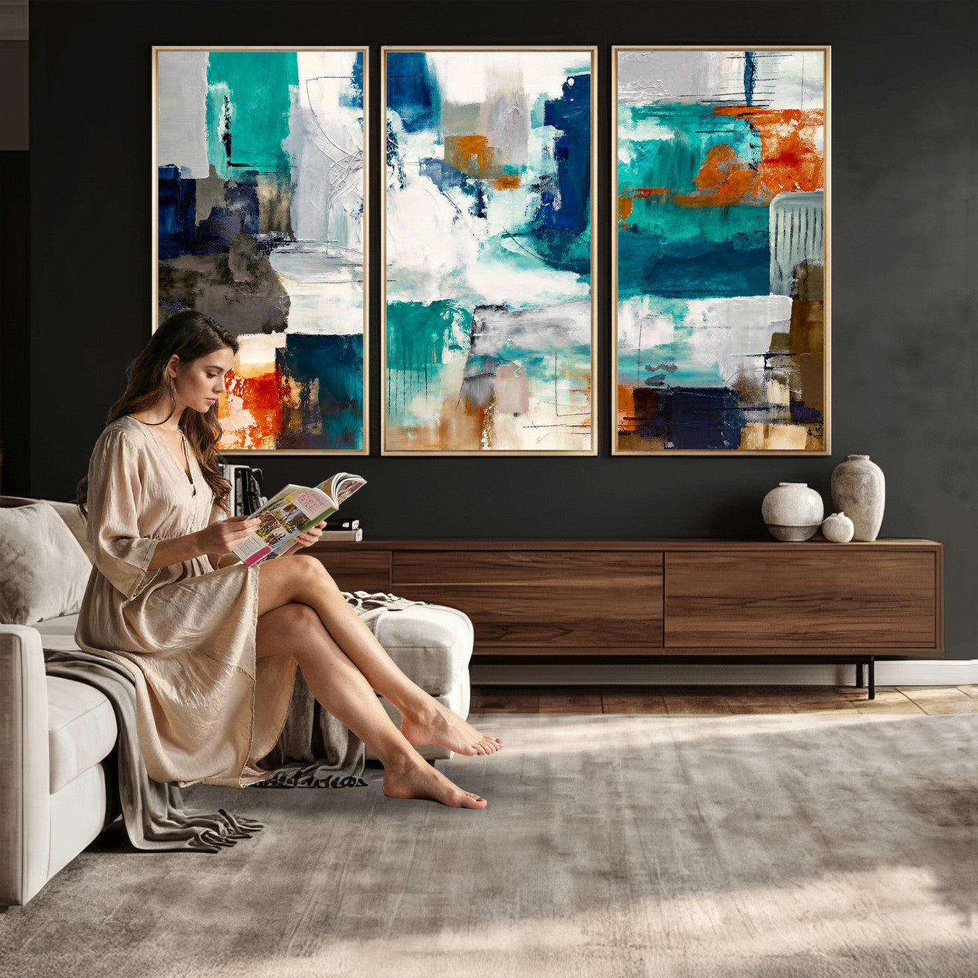 44038089-MGV-CV-36X24 - Blue Teal Abstract Canvas Wall Art, Modern Textured Painting Print, Navy Orange White Contemporary Art, Neutral Living Room Decor, Office Art