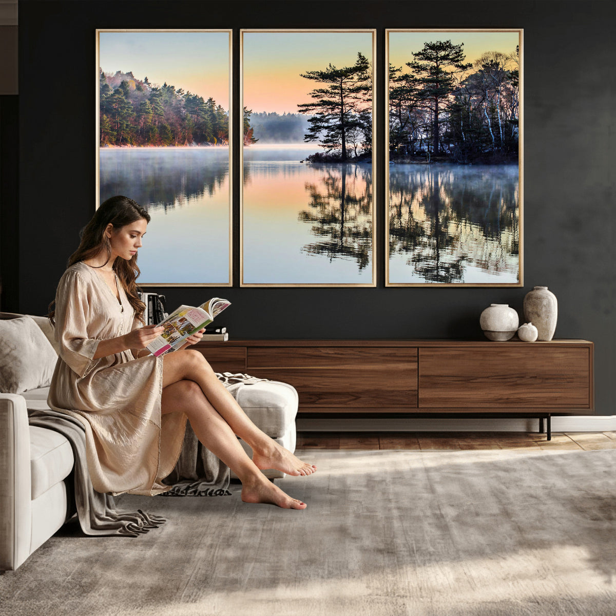 34236027-MGV-CV-36X24 - Before People Wake Canvas Wall Art Print, Misty Lake Sunrise Landscape, Forest Reflection Nature Decor, Ready to Hang