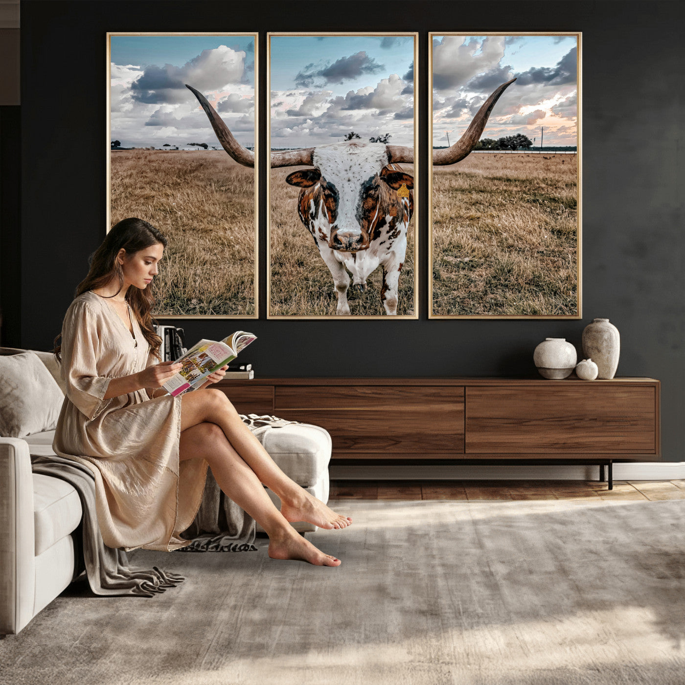 17464823-MGV-CV-36X24 - Texas Longhorn Canvas Wall Art Print, Western Cow Photography, Rustic Ranch Decor, Farmhouse Wall Art, Ready to Hang