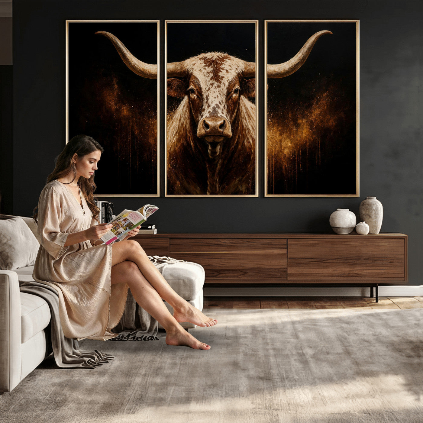 62076449-MGV-CV-48X32-3P - Texas Bull Cow Longhorn Canvas Wall Art Moody Western Bull Oil Painting Print