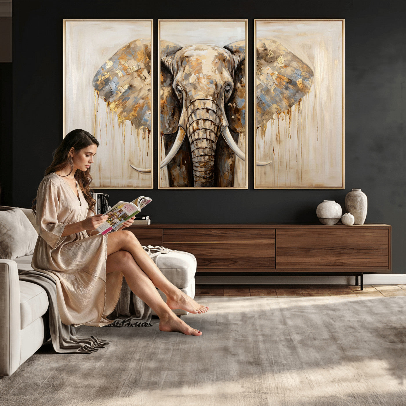 95819221-MGV-CV-36X24 - Gold Leaf Elephant Canvas Wall Art Abstract African Wildlife Painting Print