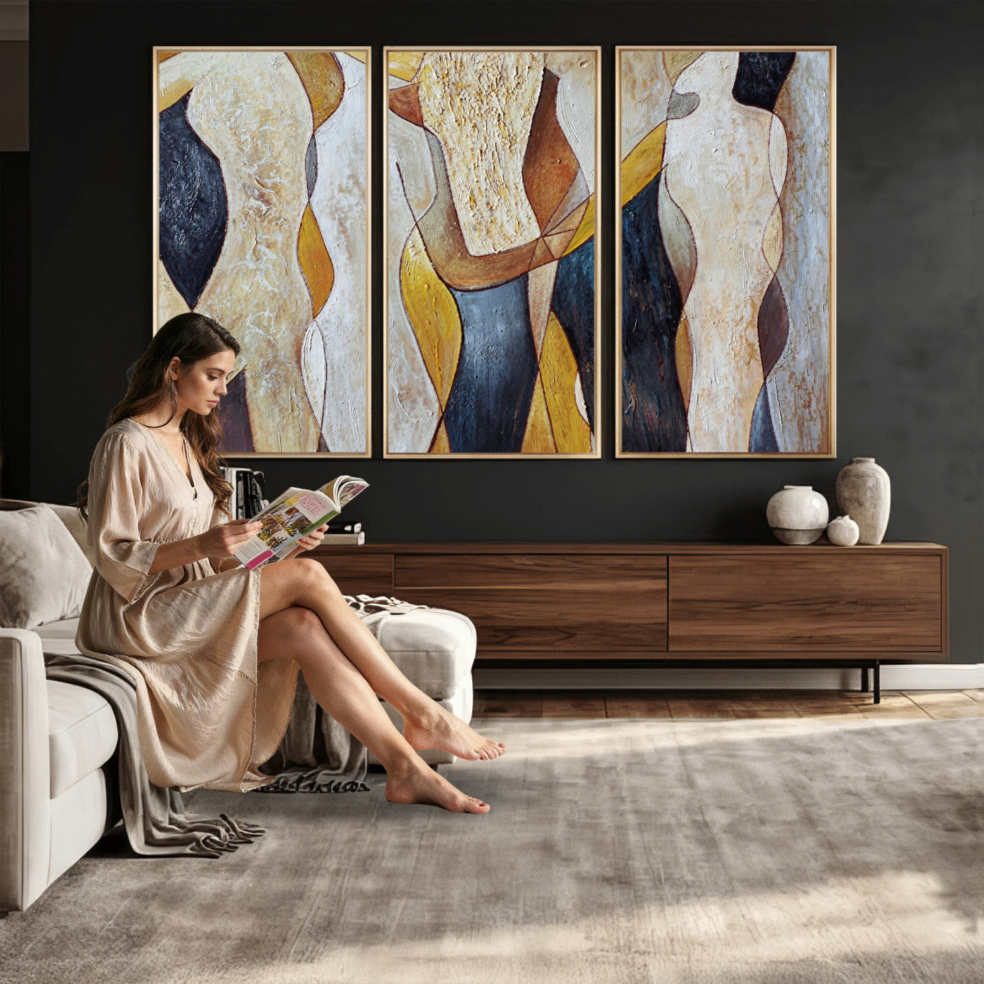 96079939-MGV-CV-36X24 - Mid Century Modern Figurative Canvas Wall Art Abstract Cubist Painting Print