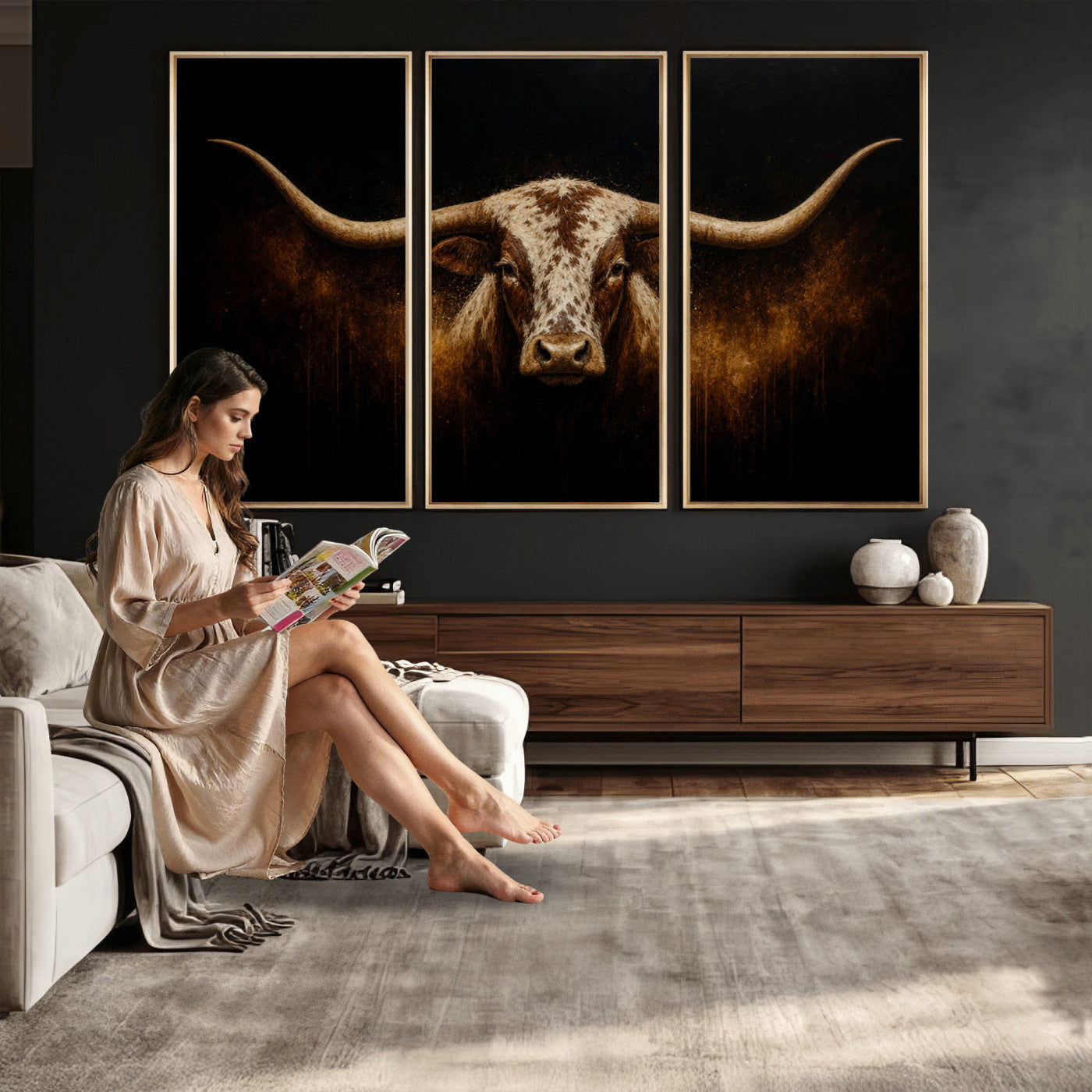 12628958-MGV-CV-36X24 - Texas Longhorn Canvas Wall Art Moody Western Bull Oil Painting Print