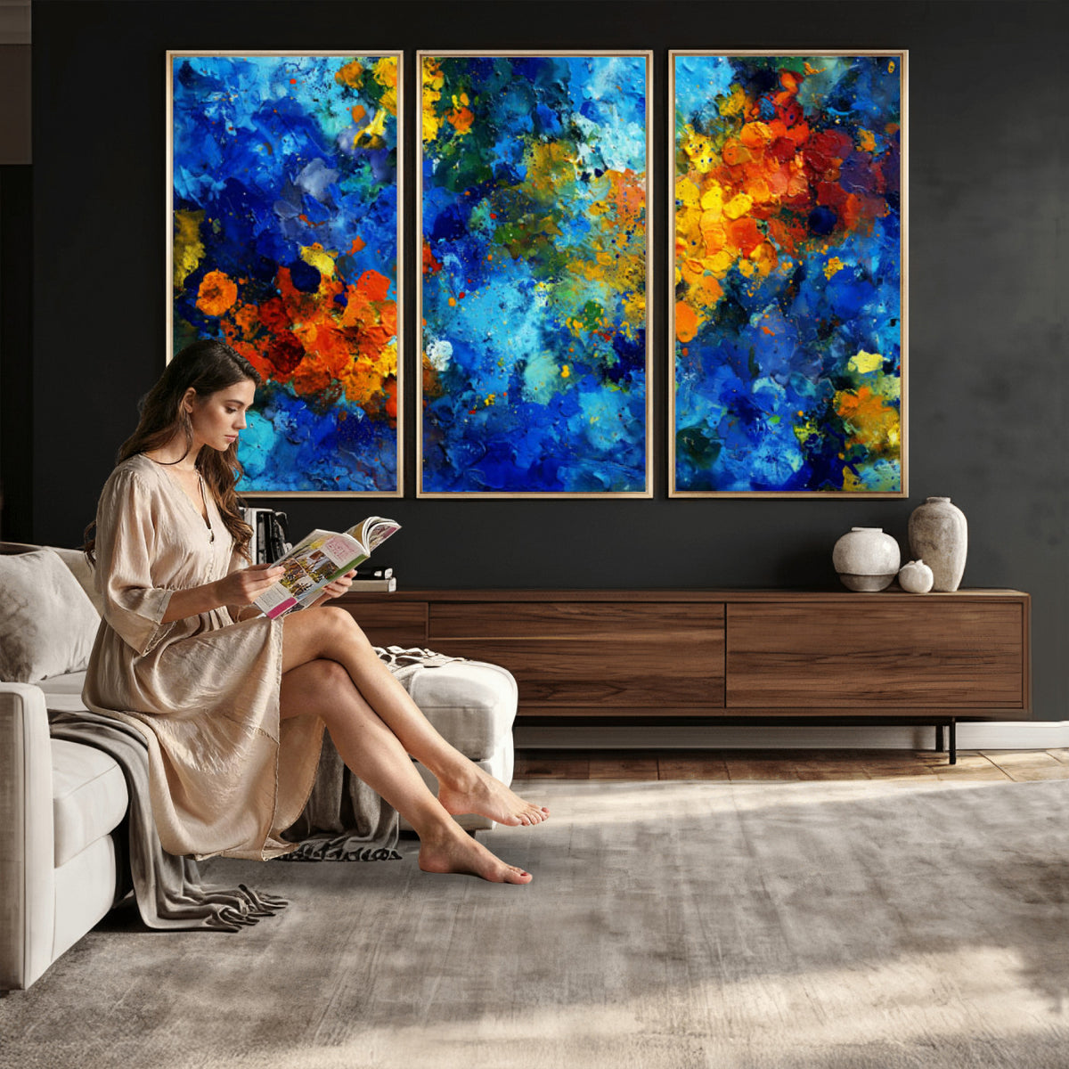 52431611-MGV-CV-36X24 - Vibrant Blue Abstract Canvas Wall Art Colorful Impasto Oil Painting Print