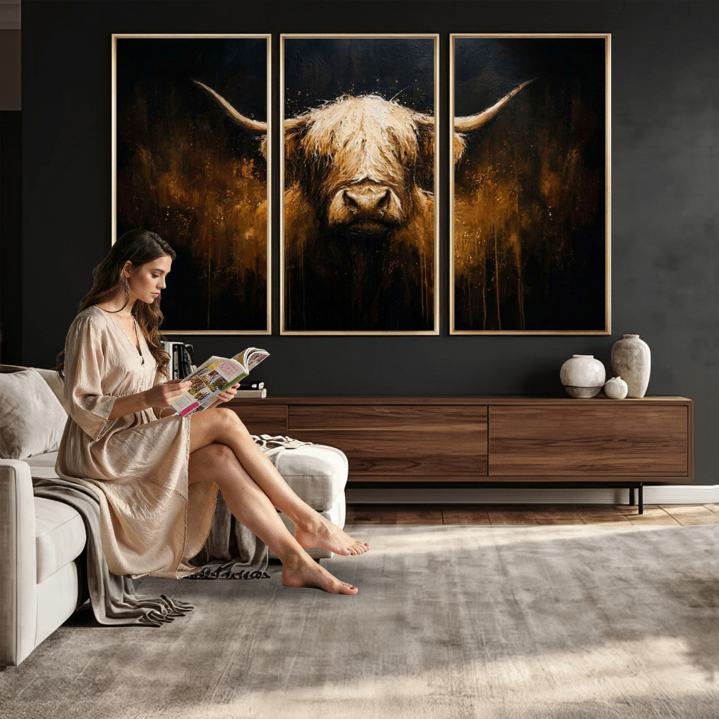 79873059-MGV-CV-36X24 - Rustic Highland Cow Canvas Print Dark Farmhouse Cattle Wall Decor