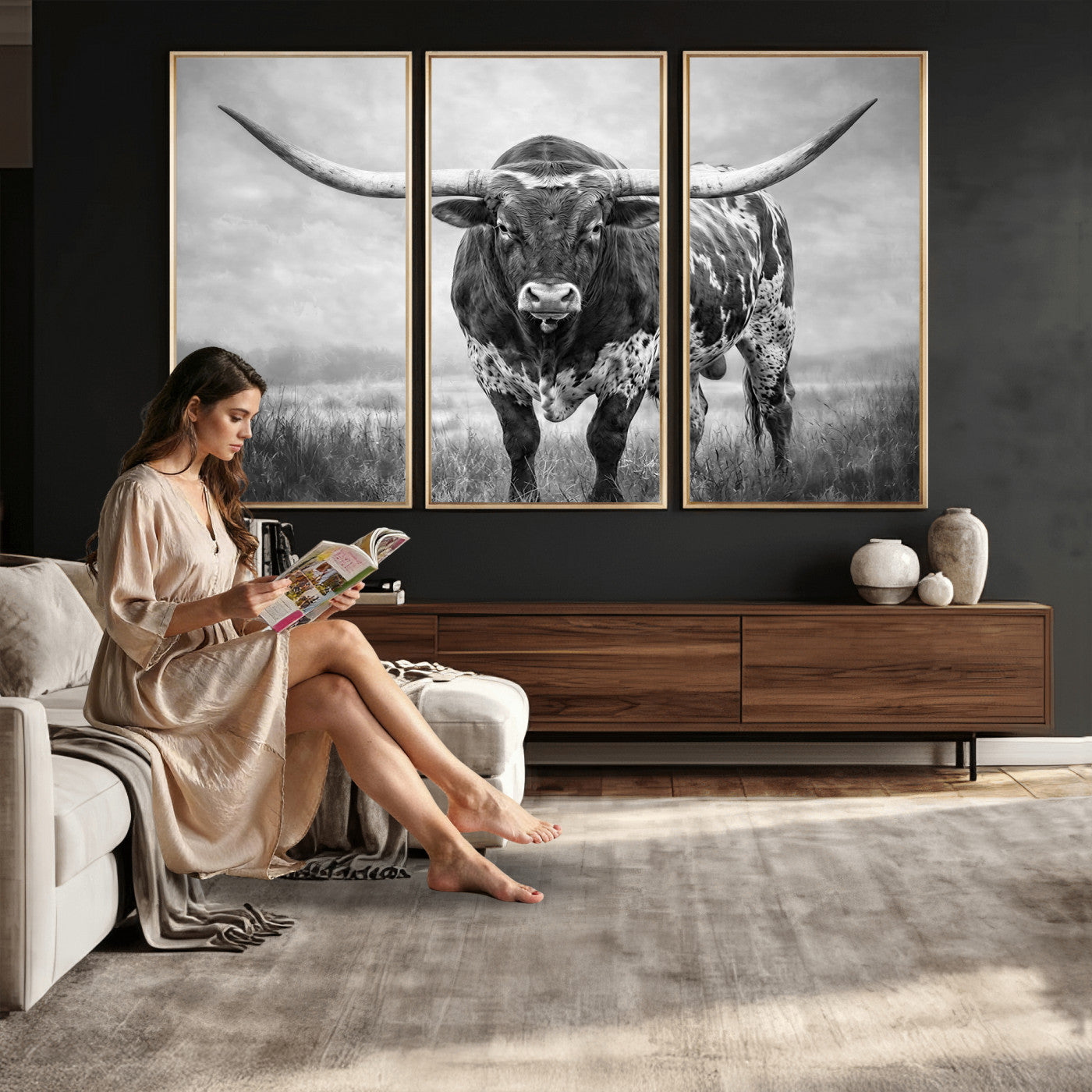 11121585-MGV-CV-36X24 - Texas Bull Wall Art Canvas Print for Farmhouse Restaurant Wall Decor